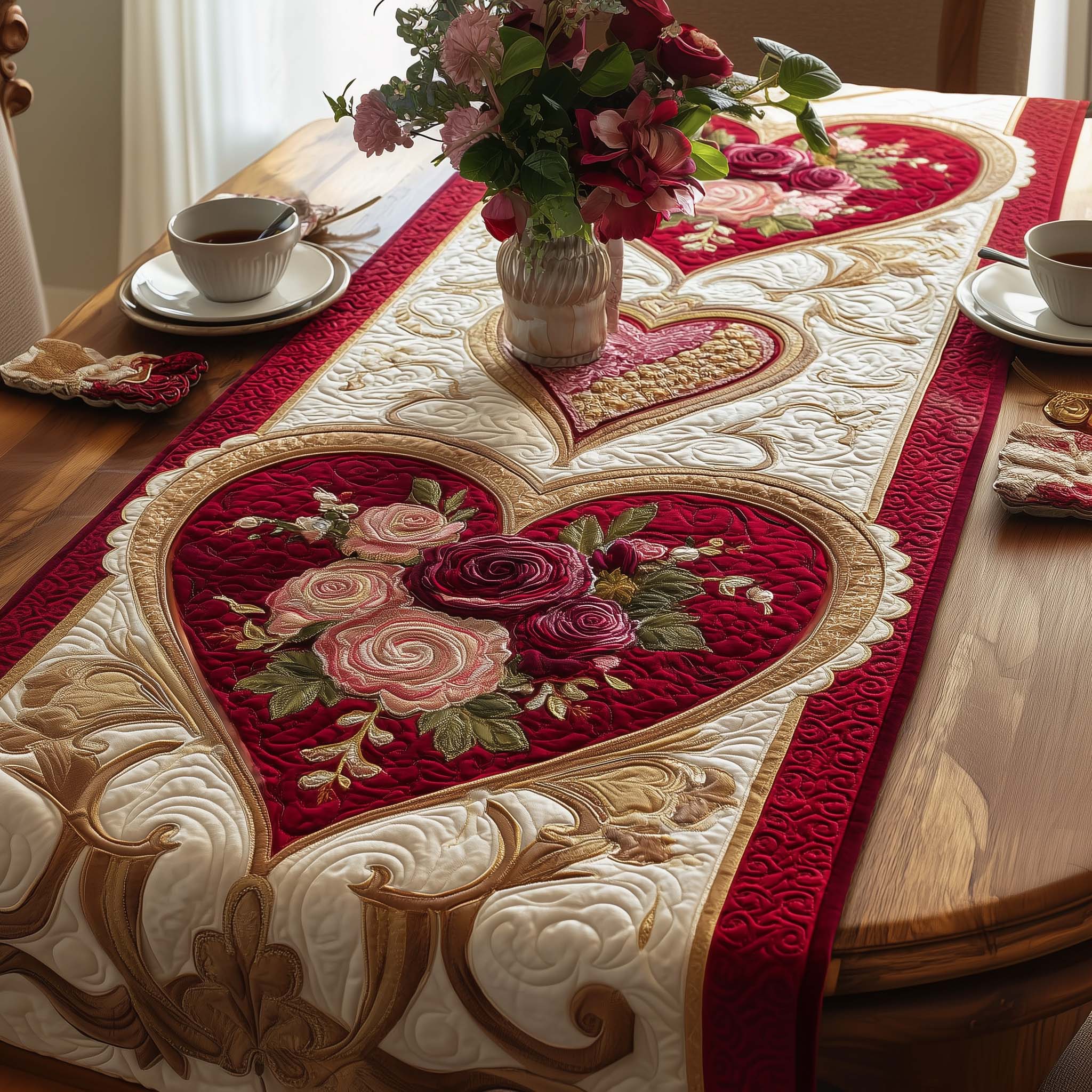 Rose Embrace Quilted Table Runner, Easter Table Runner, Spring Table Runner, Mother's Day Gifts