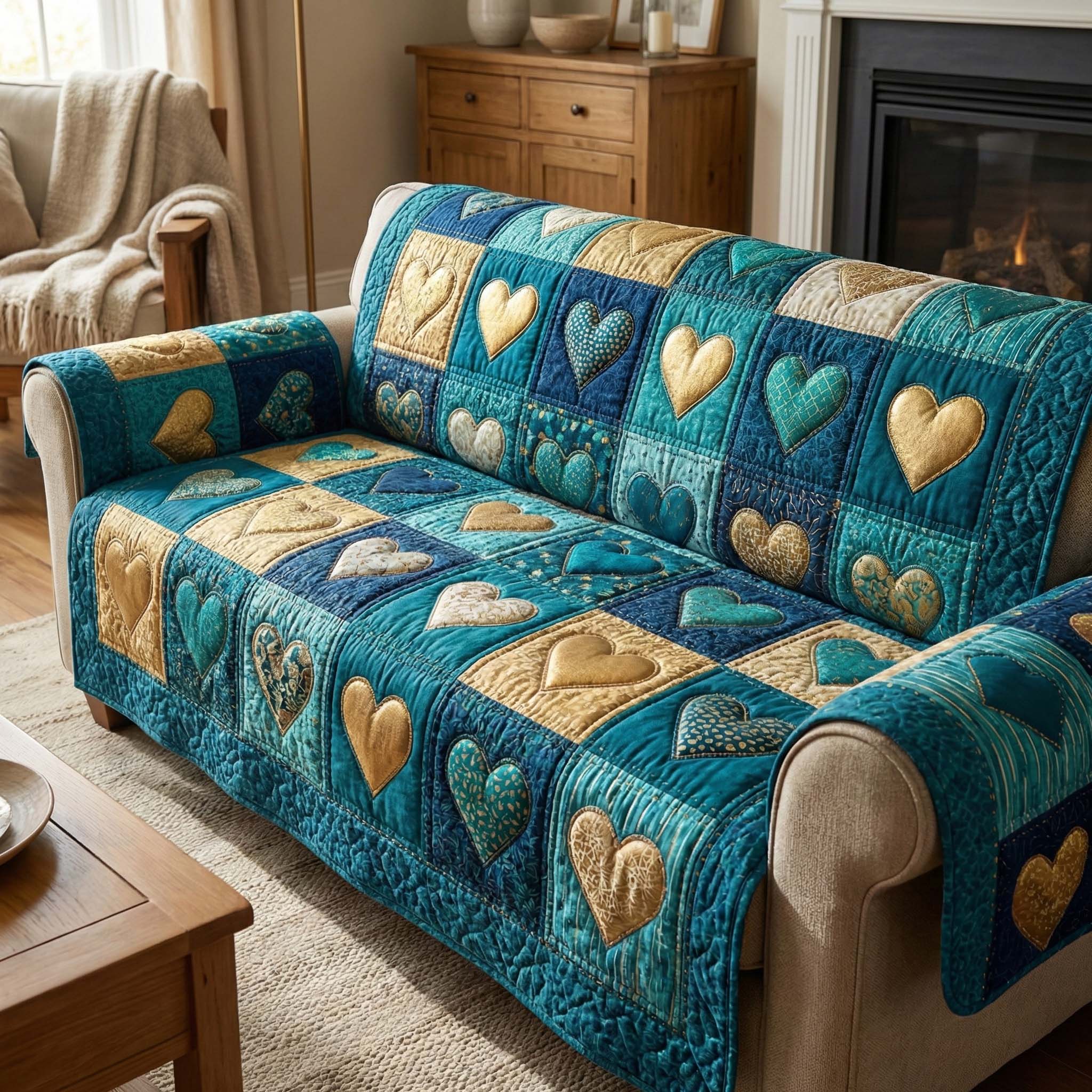 Teal Hearts Quilted Sofa Cover Fall Halloween Decor For Sofa Couch