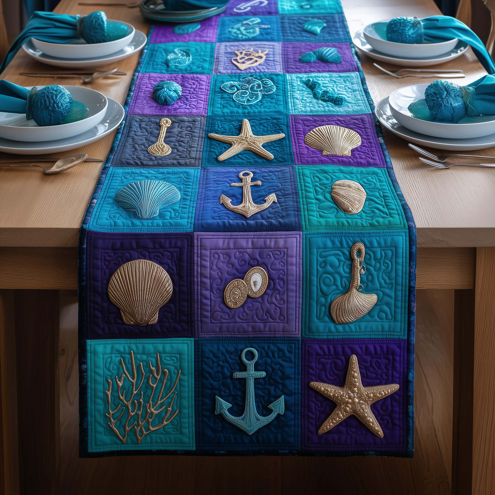 Ocean Mosaic Quilted Table Runner, Easter Table Runner, Spring Table Runner, Mother's Day Gifts