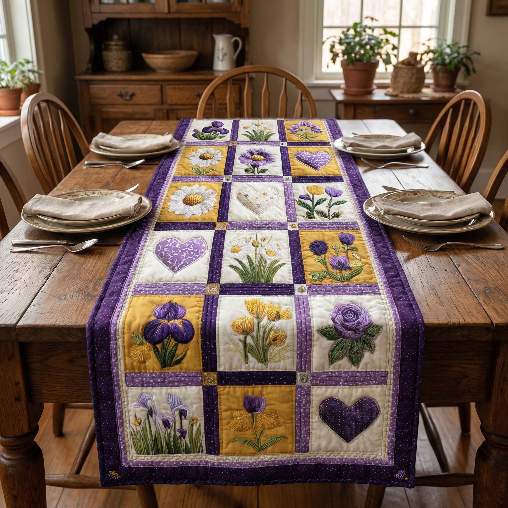 Iris Patchwork Quilted Table Runner, Easter Table Runner, Spring Table Runner, Mother's Day Gifts