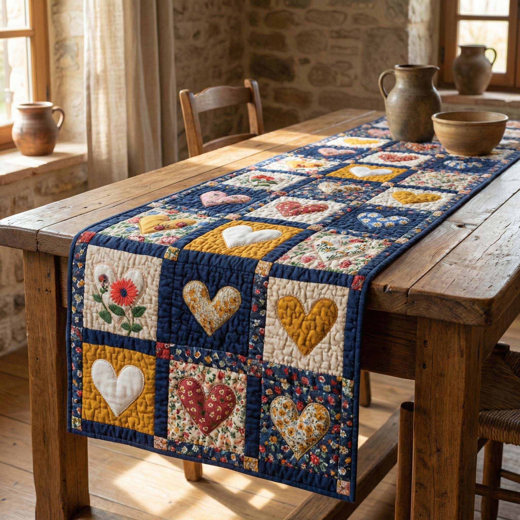 Rustic Hearts Quilted Table Runner, Easter Table Runner, Spring Table Runner, Mother's Day Gifts