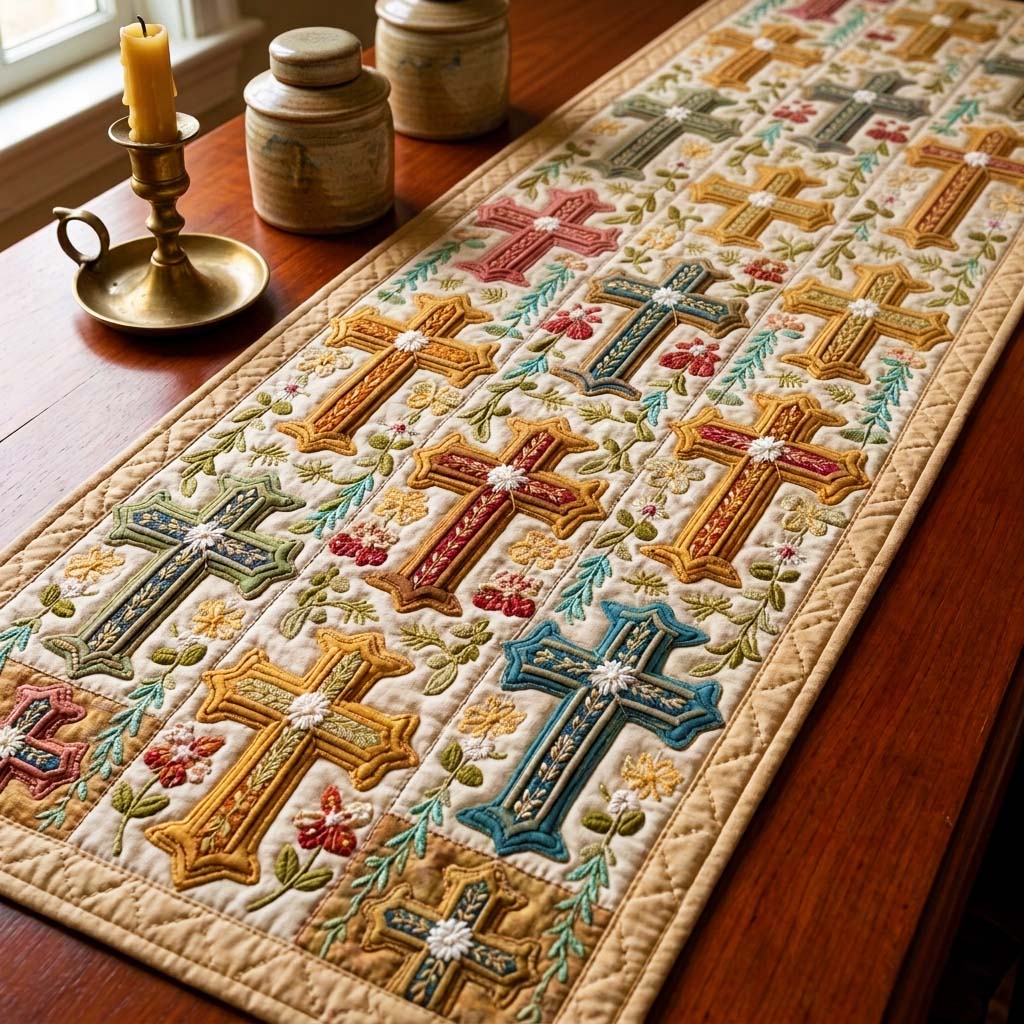 Boho Cross Quilted Table Runner, Easter Table Runner, Spring Table Runner, Mother's Day Gifts