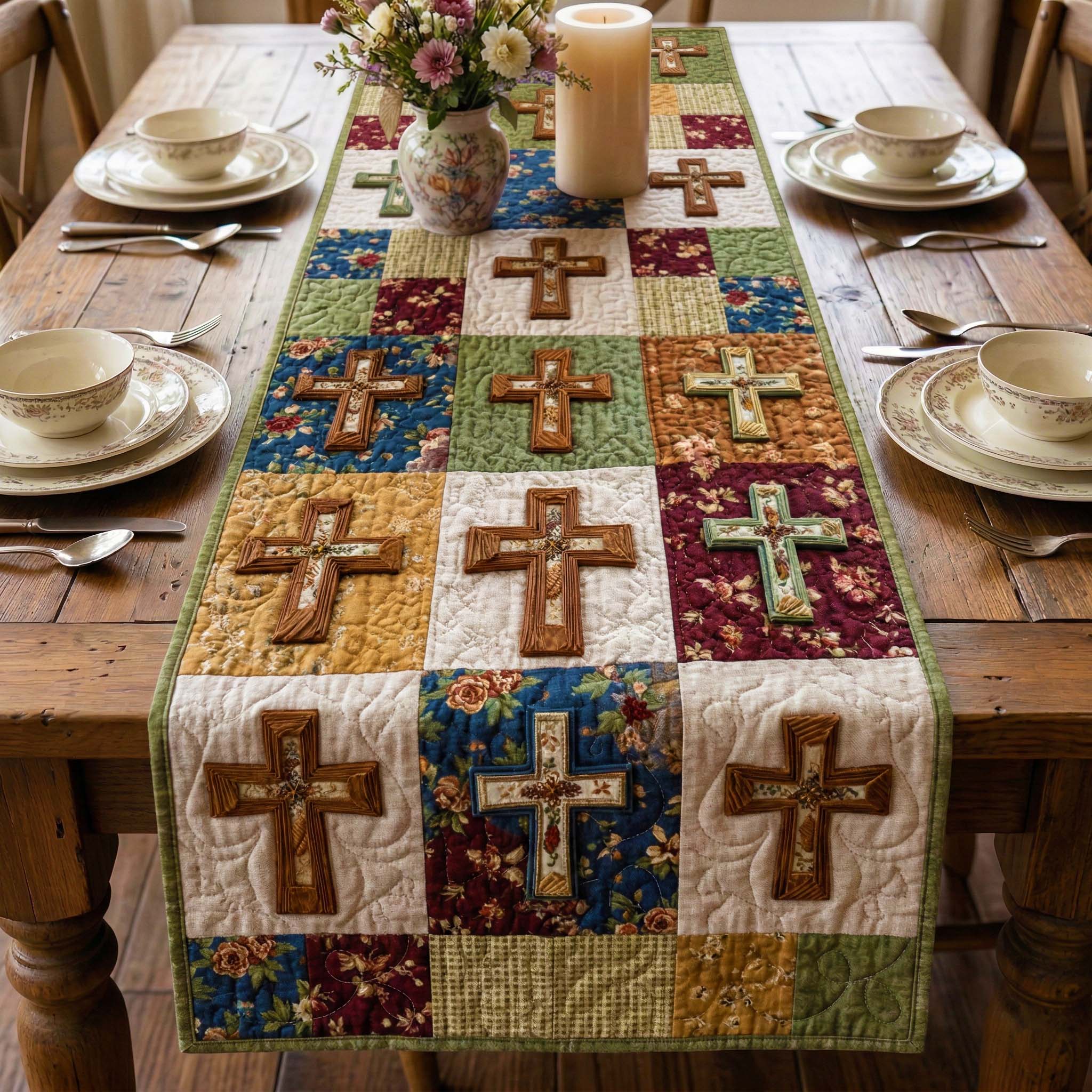 Rustic Cross Quilted Table Runner, Easter Table Runner, Spring Table Runner, Mother's Day Gifts