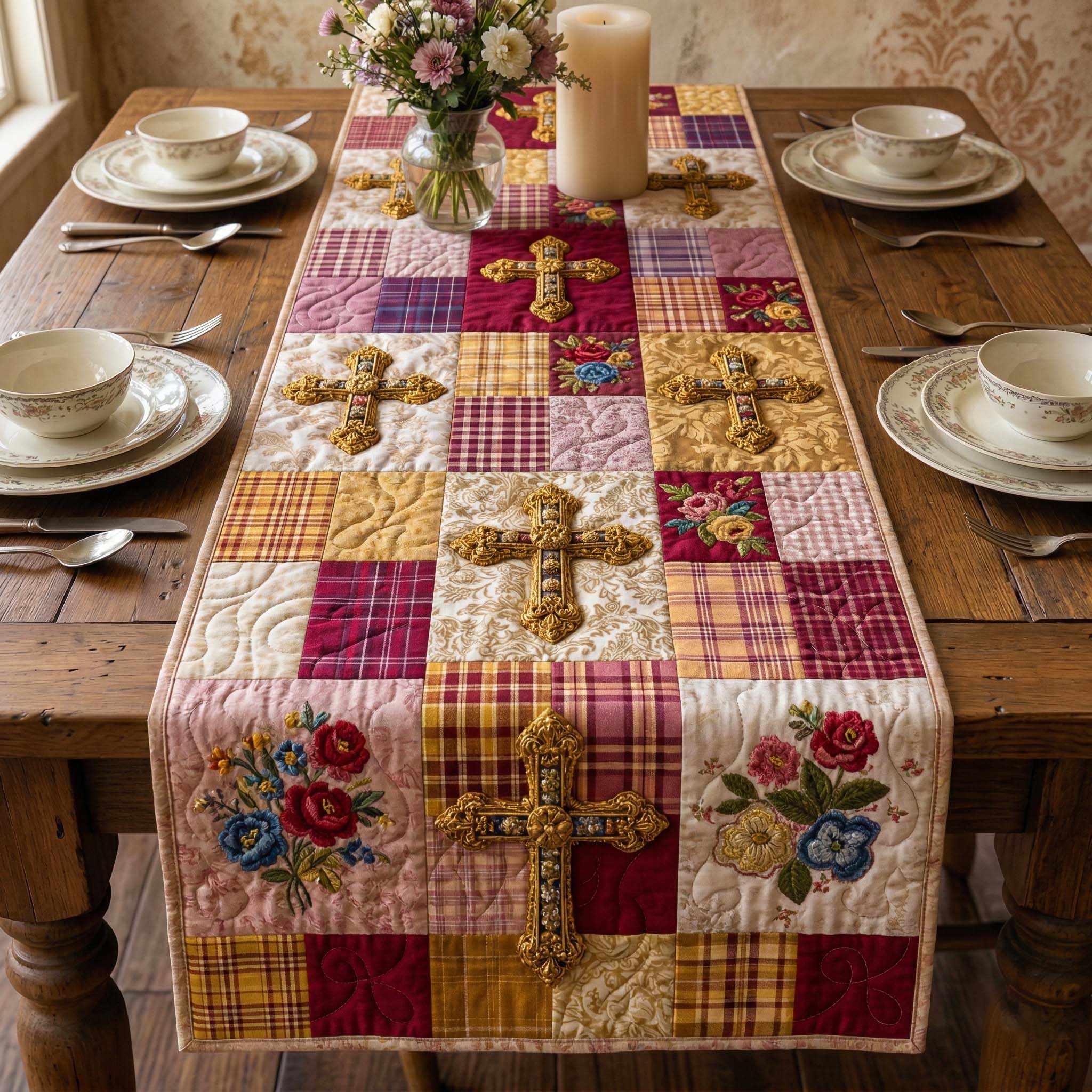 Golden Rose Quilted Table Runner, Easter Table Runner, Spring Table Runner, Mother's Day Gifts