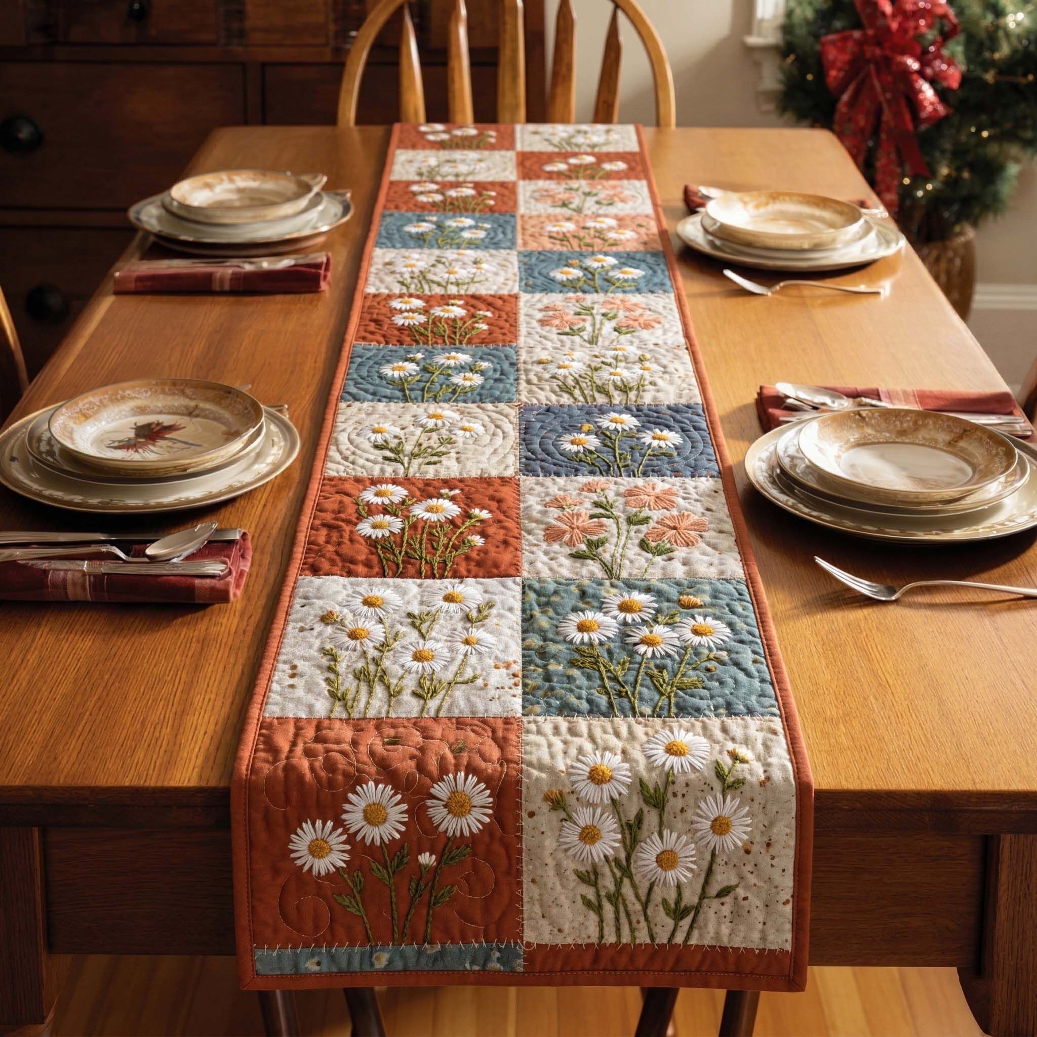 Daisy Mosaic Quilted Table Runner, Easter Table Runner, Spring Table Runner, Mother's Day Gifts