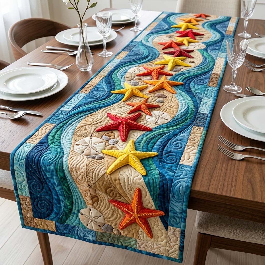 Starfish Wave Quilted Table Runner, Easter Table Runner, Spring Table Runner, Mother's Day Gifts