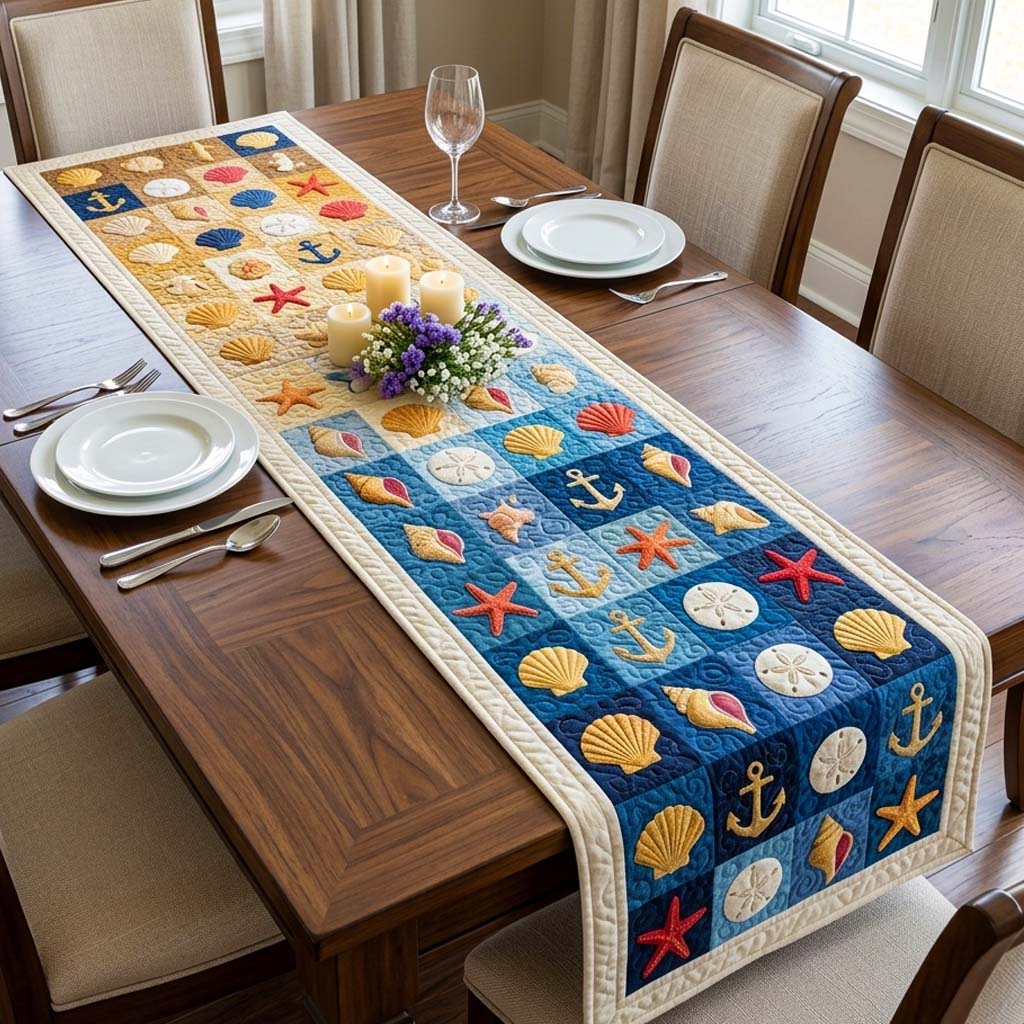 Anchor Shell Quilted Table Runner, Easter Table Runner, Spring Table Runner, Mother's Day Gifts