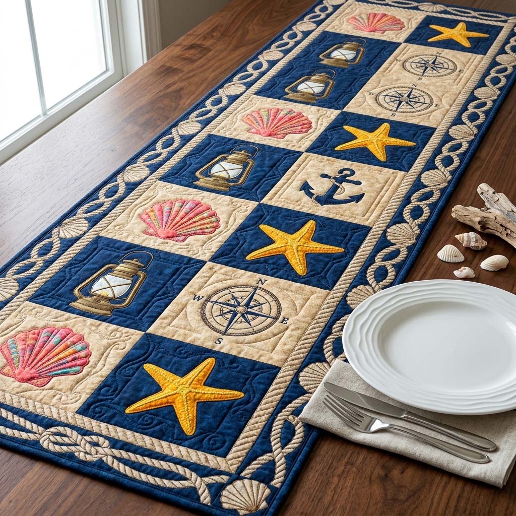Nautical Compass Quilted Table Runner, Easter Table Runner, Spring Table Runner, Mother's Day Gifts