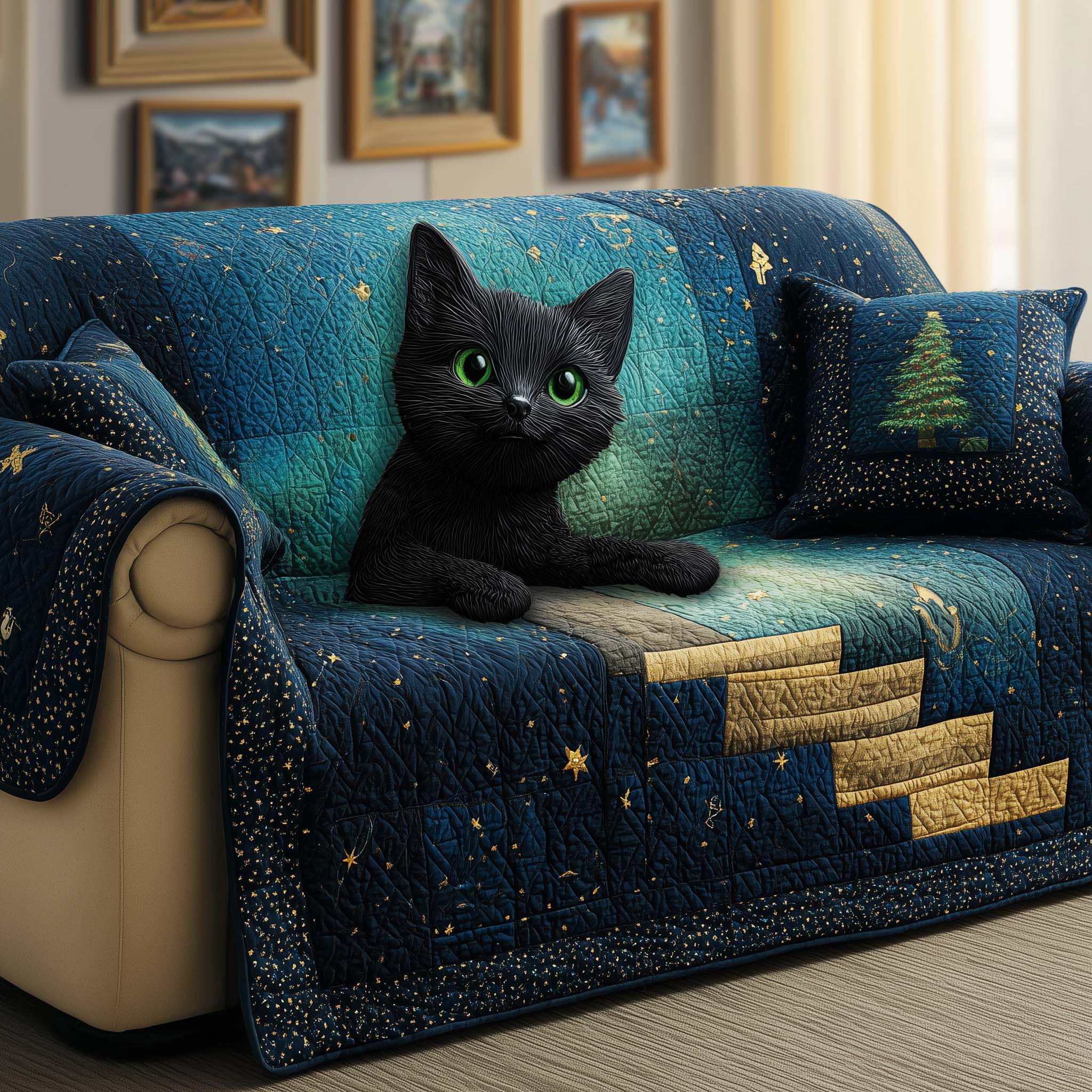 Galaxy Cat Quilted Sofa Cover Fall Halloween Decor For Sofa Couch