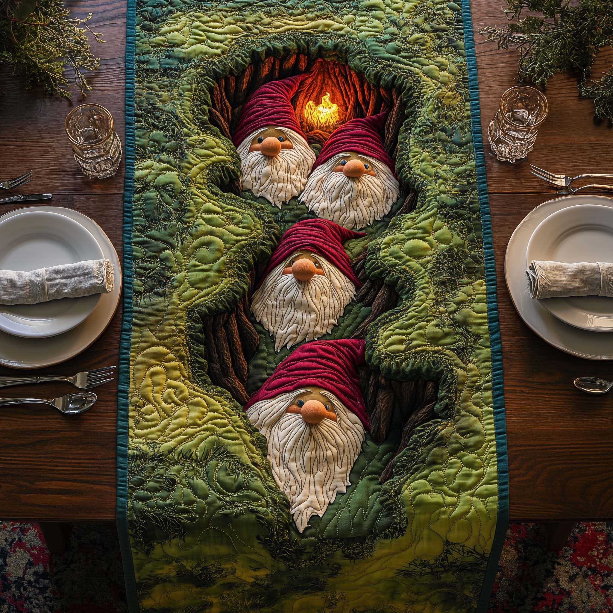 Gnome Valley Quilted Table Runner, Easter Table Runner, Spring Table Runner, Mother's Day Gifts