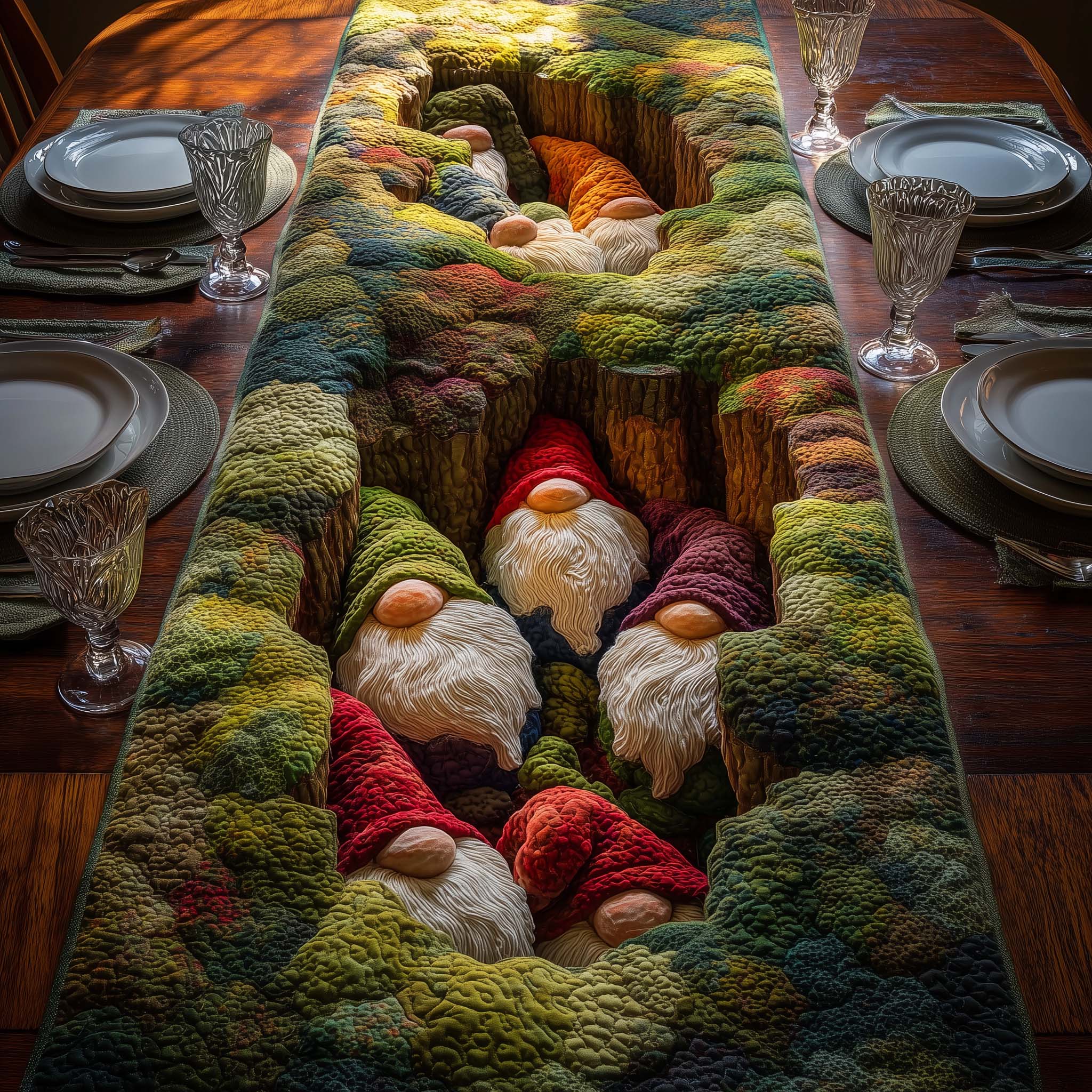 Moss Gnomes Quilted Table Runner, Easter Table Runner, Spring Table Runner, Mother's Day Gifts