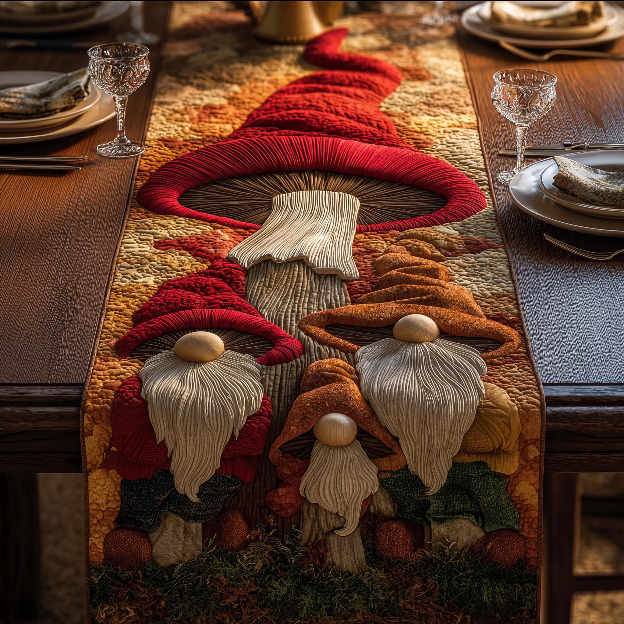 Mushroom Gnomes Quilted Table Runner, Easter Table Runner, Spring Table Runner, Mother's Day Gifts