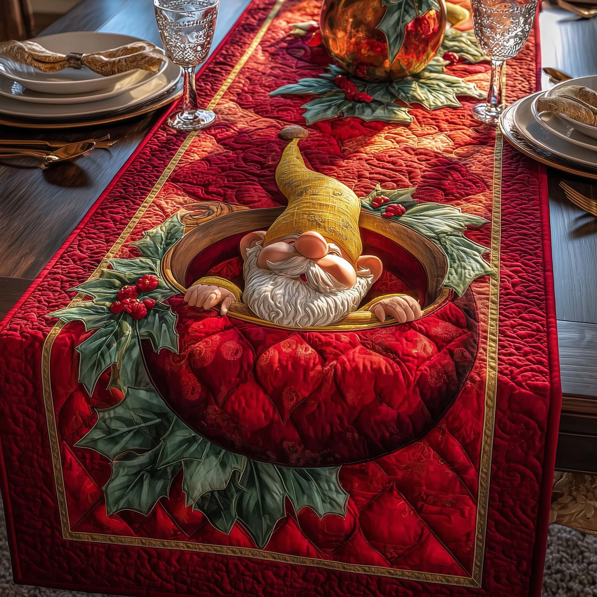 Yellow Gnome Quilted Table Runner, Easter Table Runner, Spring Table Runner, Mother's Day Gifts