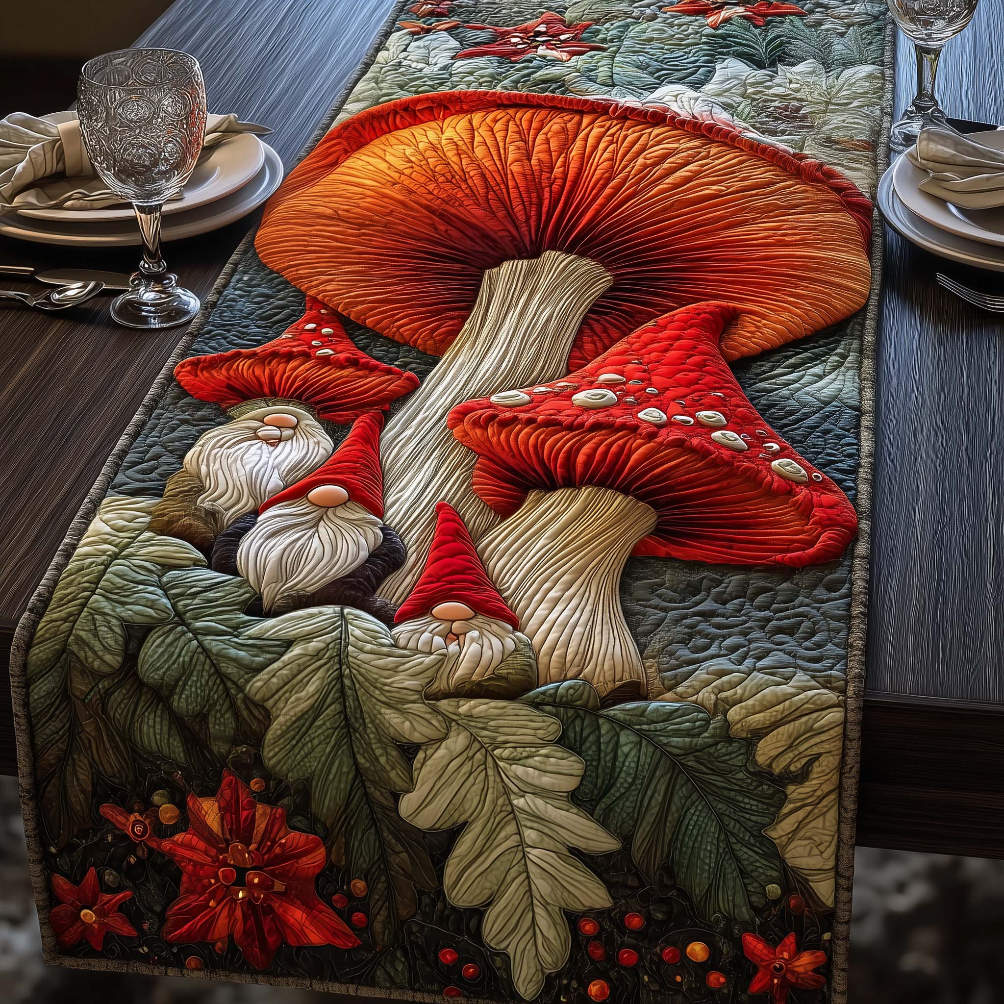 Fungus Gnomes Quilted Table Runner, Easter Table Runner, Spring Table Runner, Mother's Day Gifts