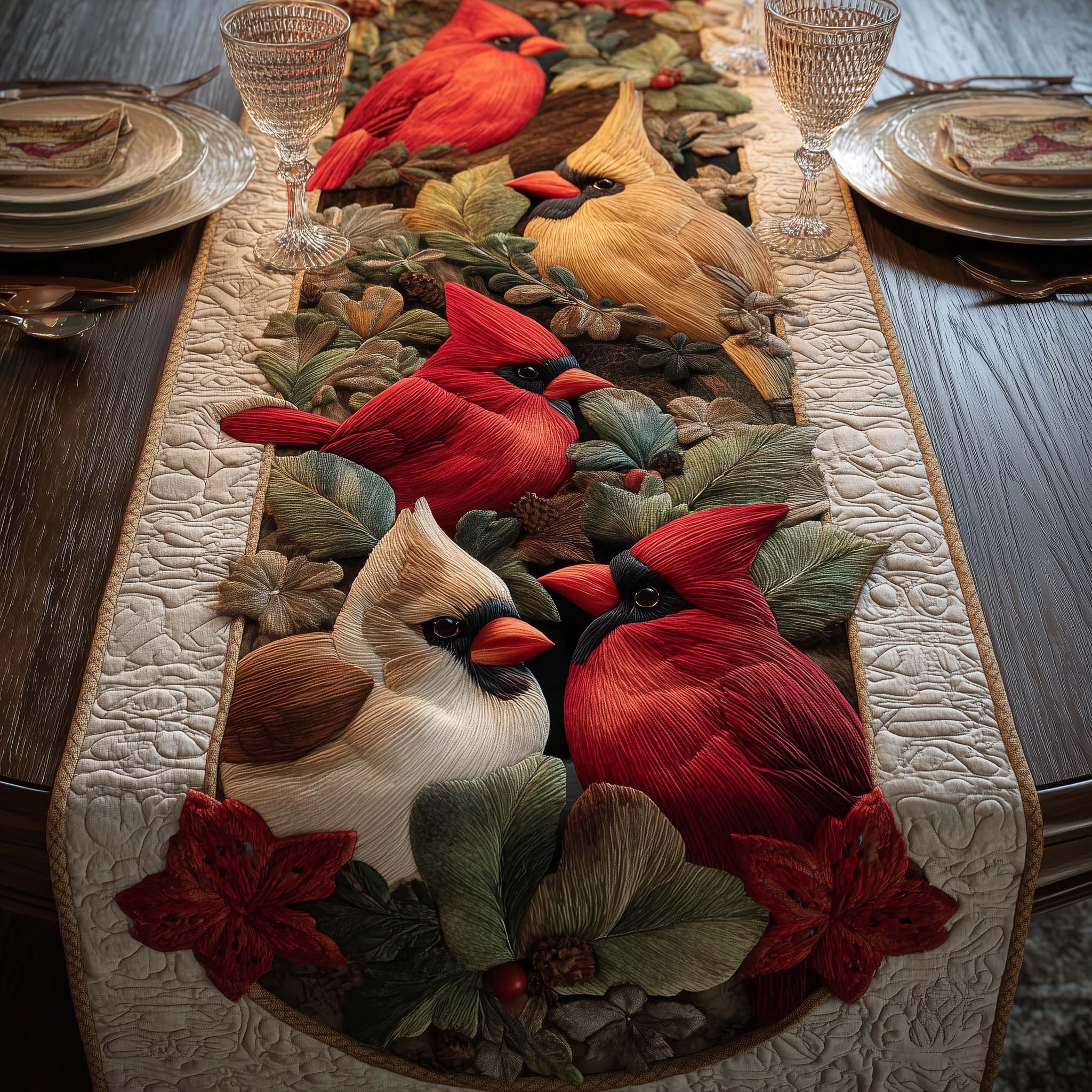 Leafy Cardinals Quilted Table Runner, Easter Table Runner, Spring Table Runner, Mother's Day Gifts