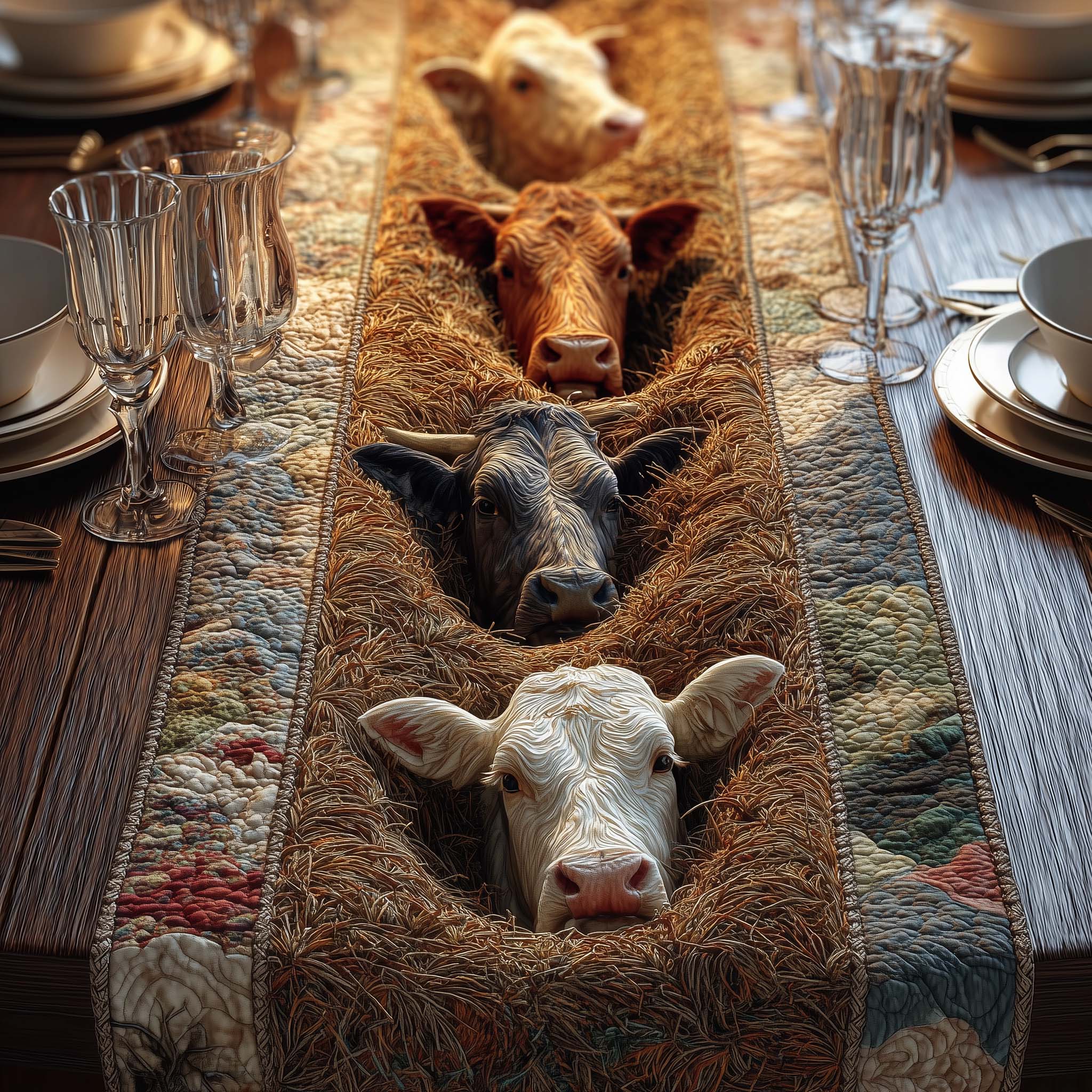 Straw Cows Quilted Table Runner, Easter Table Runner, Spring Table Runner, Mother's Day Gifts