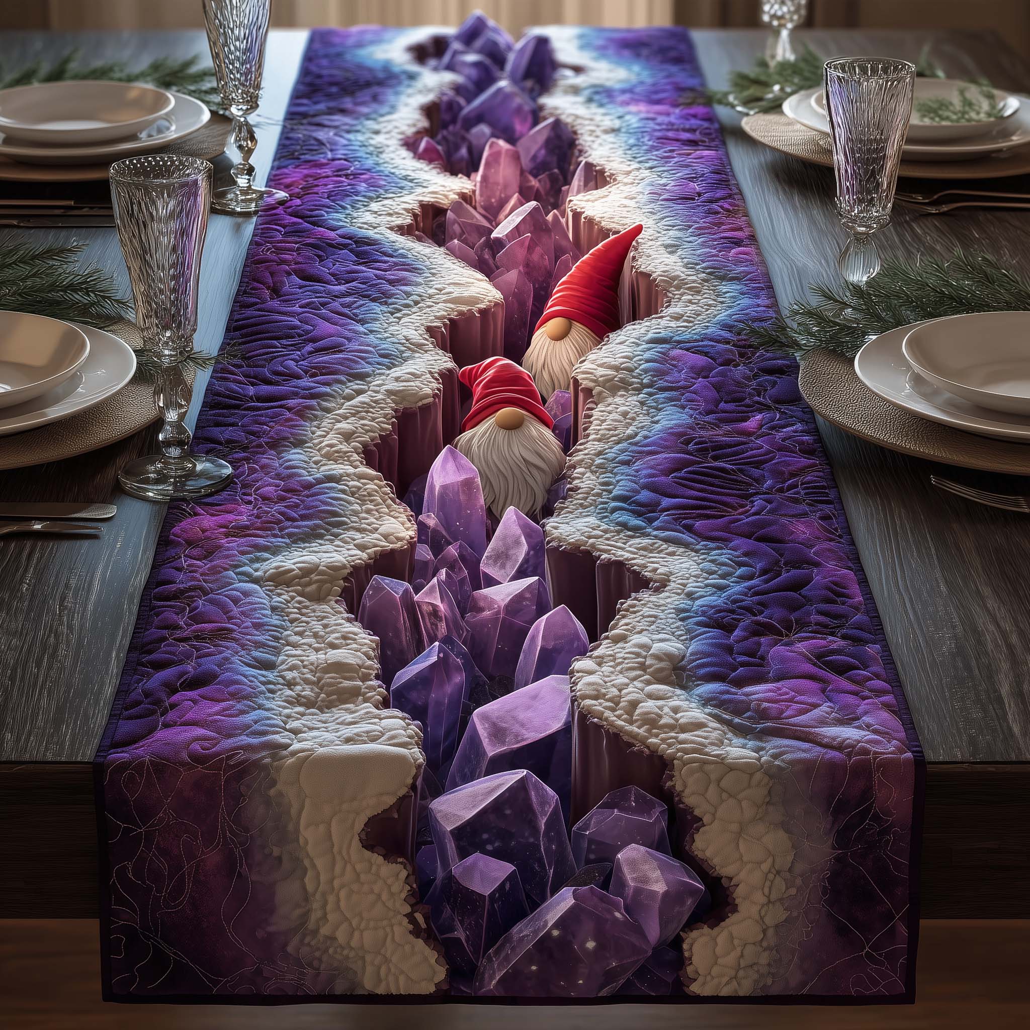 Purple Crystals Gnomes Quilted Table Runner, Easter Table Runner, Spring Table Runner, Mother's Day Gifts