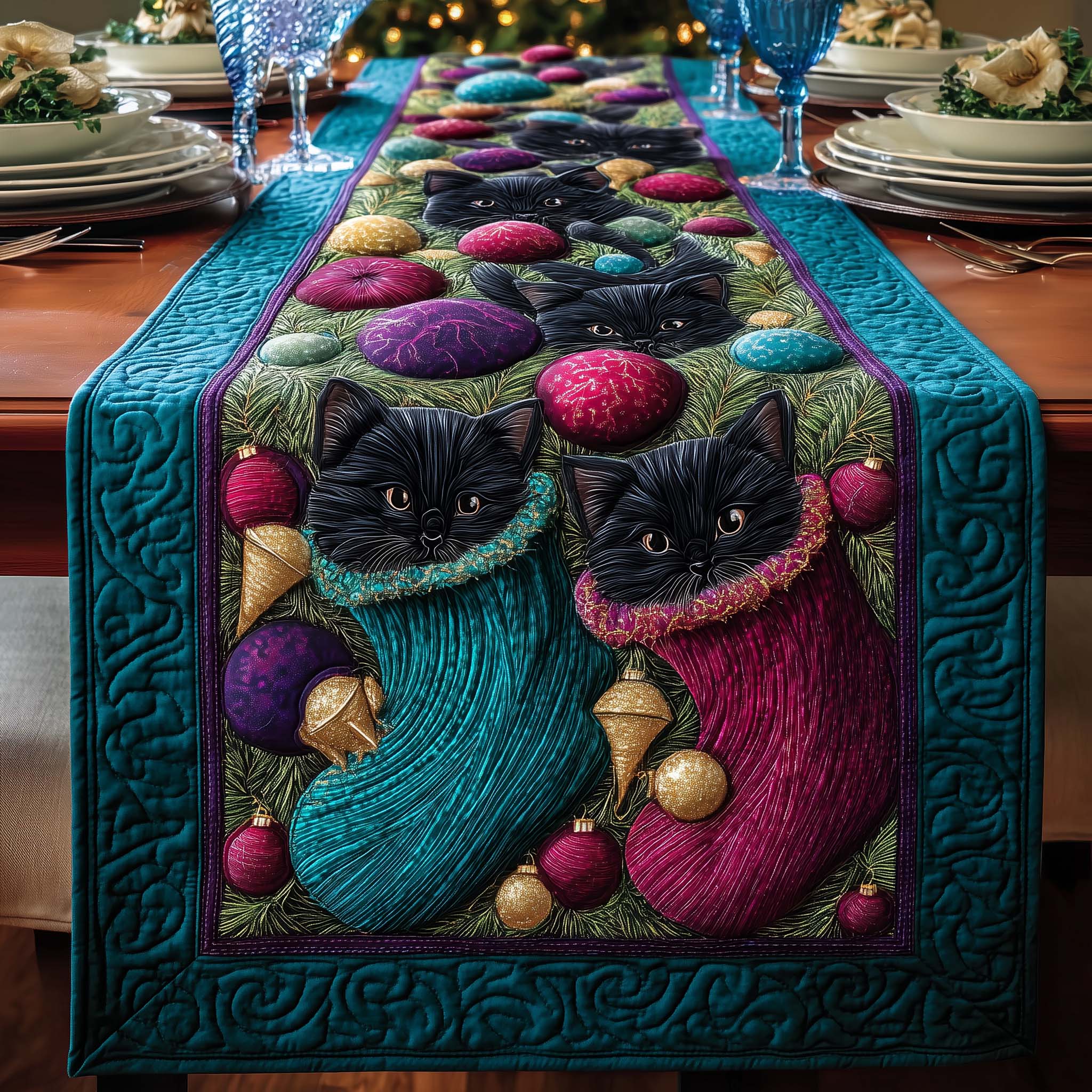 Stocking Cats Quilted Table Runner, Easter Table Runner, Spring Table Runner, Mother's Day Gifts