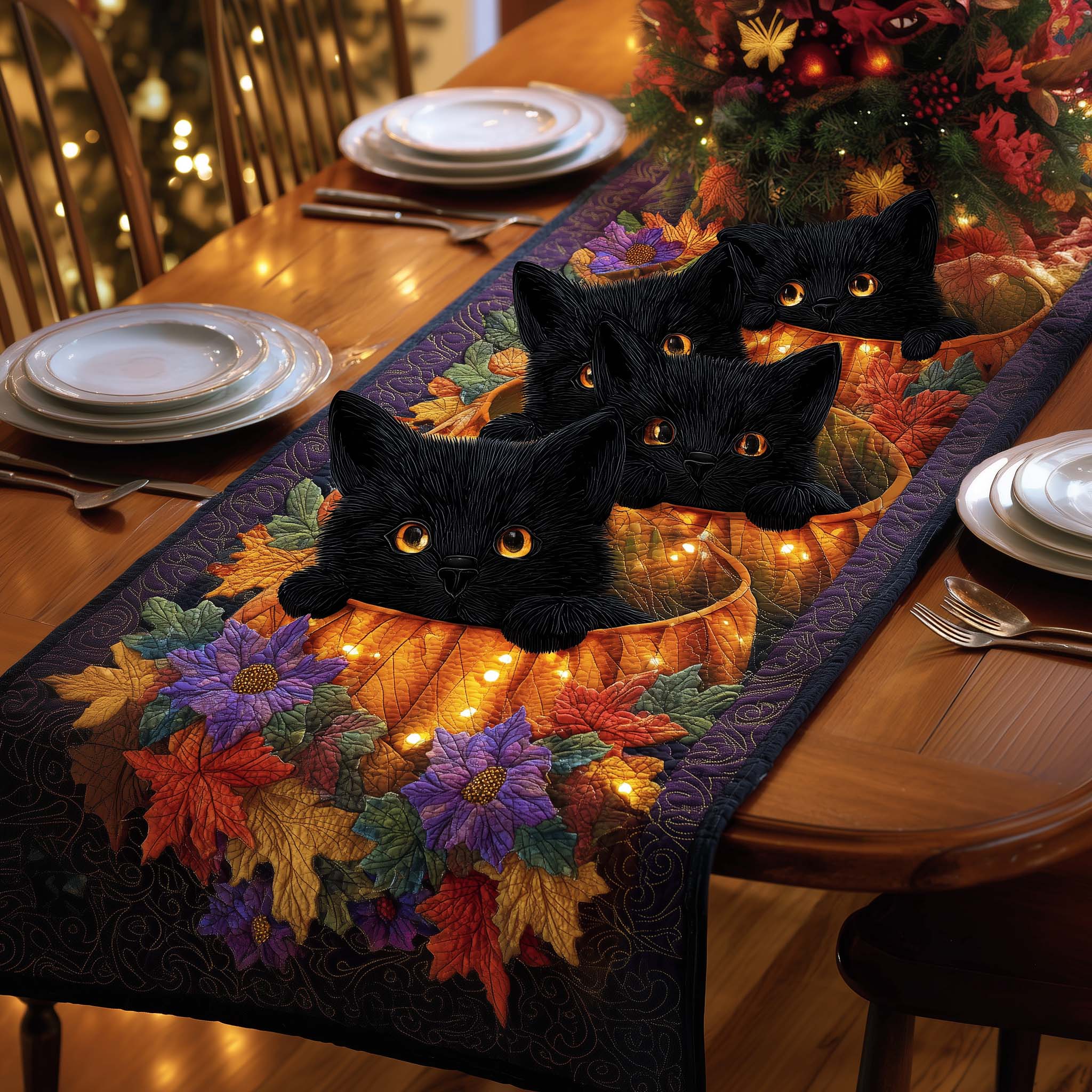 Pumpkin Cats Quilted Table Runner, Easter Table Runner, Spring Table Runner, Mother's Day Gifts