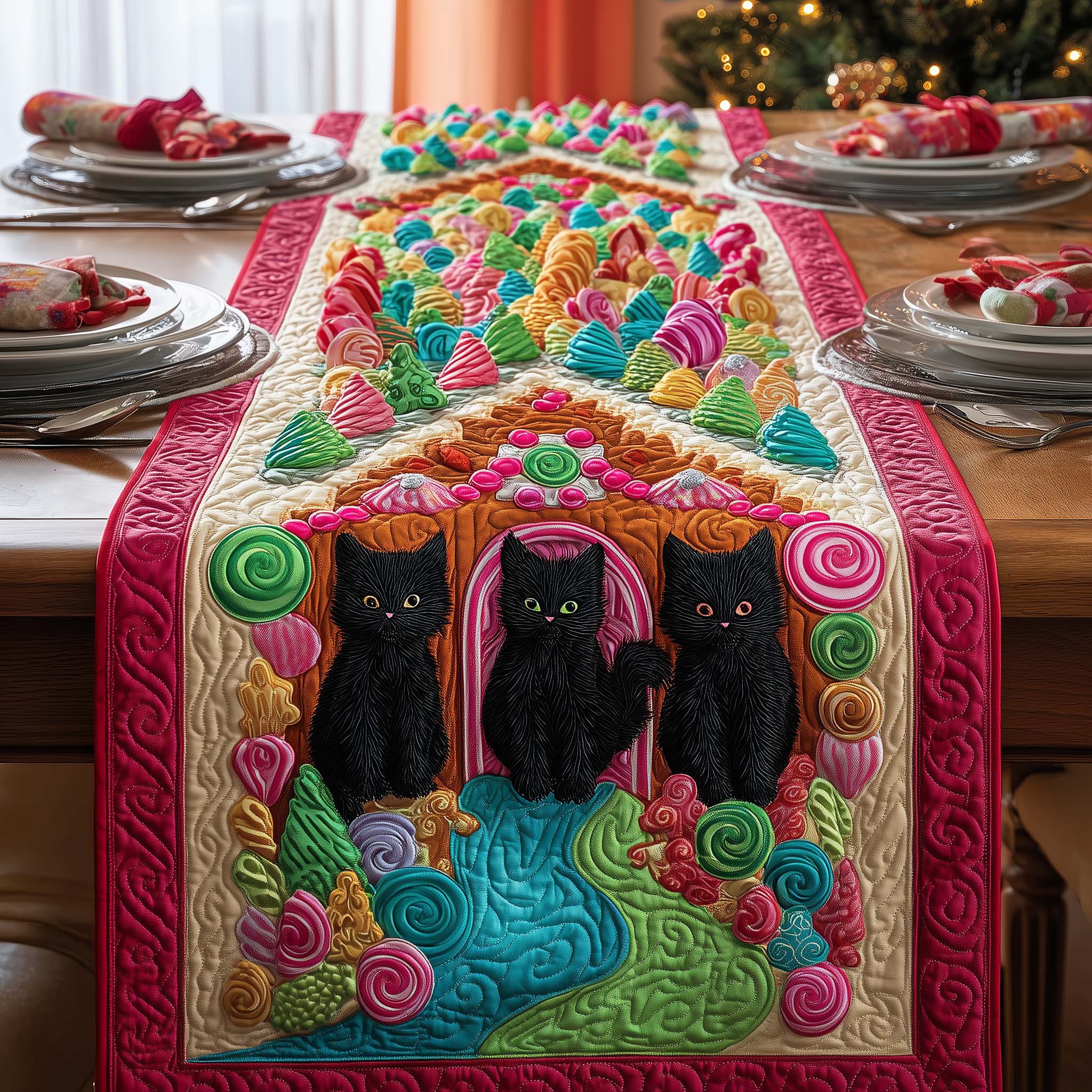 Candy Cats Quilted Table Runner, Easter Table Runner, Spring Table Runner, Mother's Day Gifts