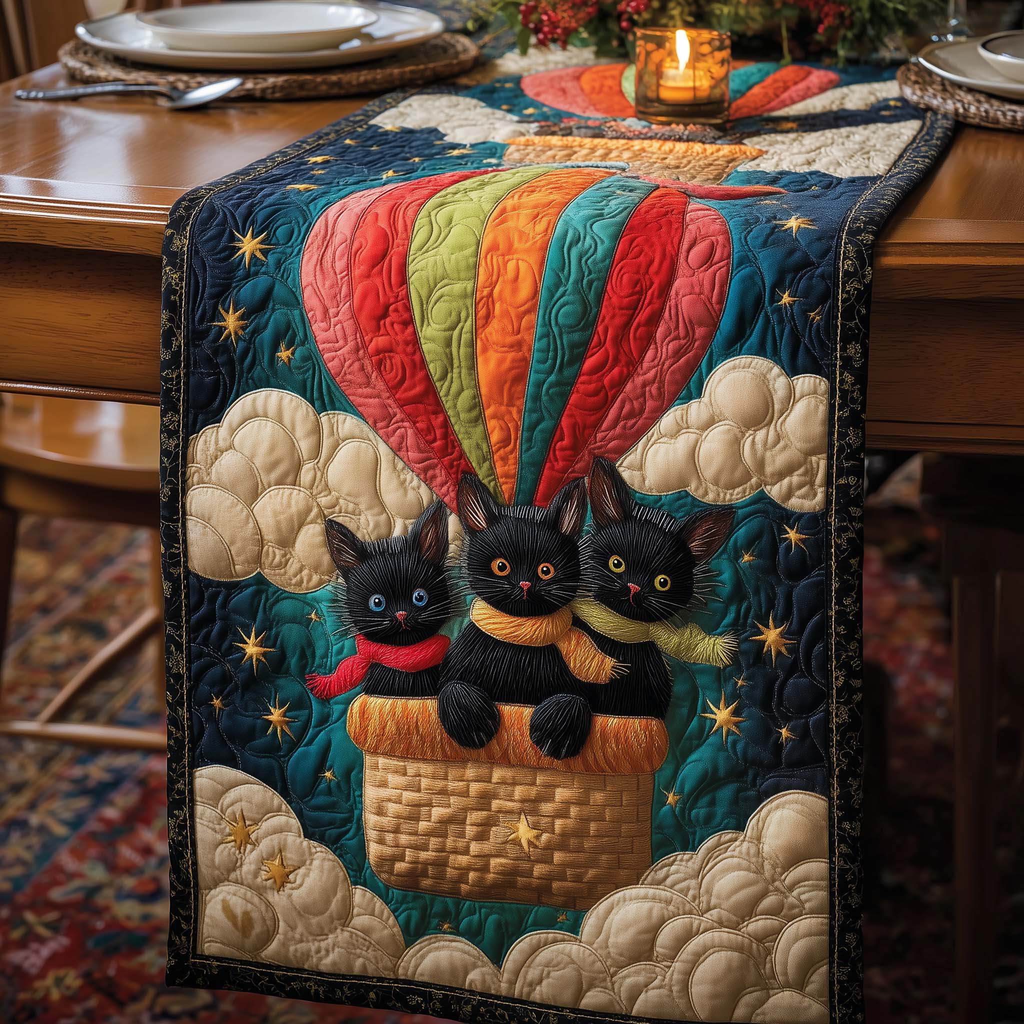 Balloon Cats Quilted Table Runner, Easter Table Runner, Spring Table Runner, Mother's Day Gifts