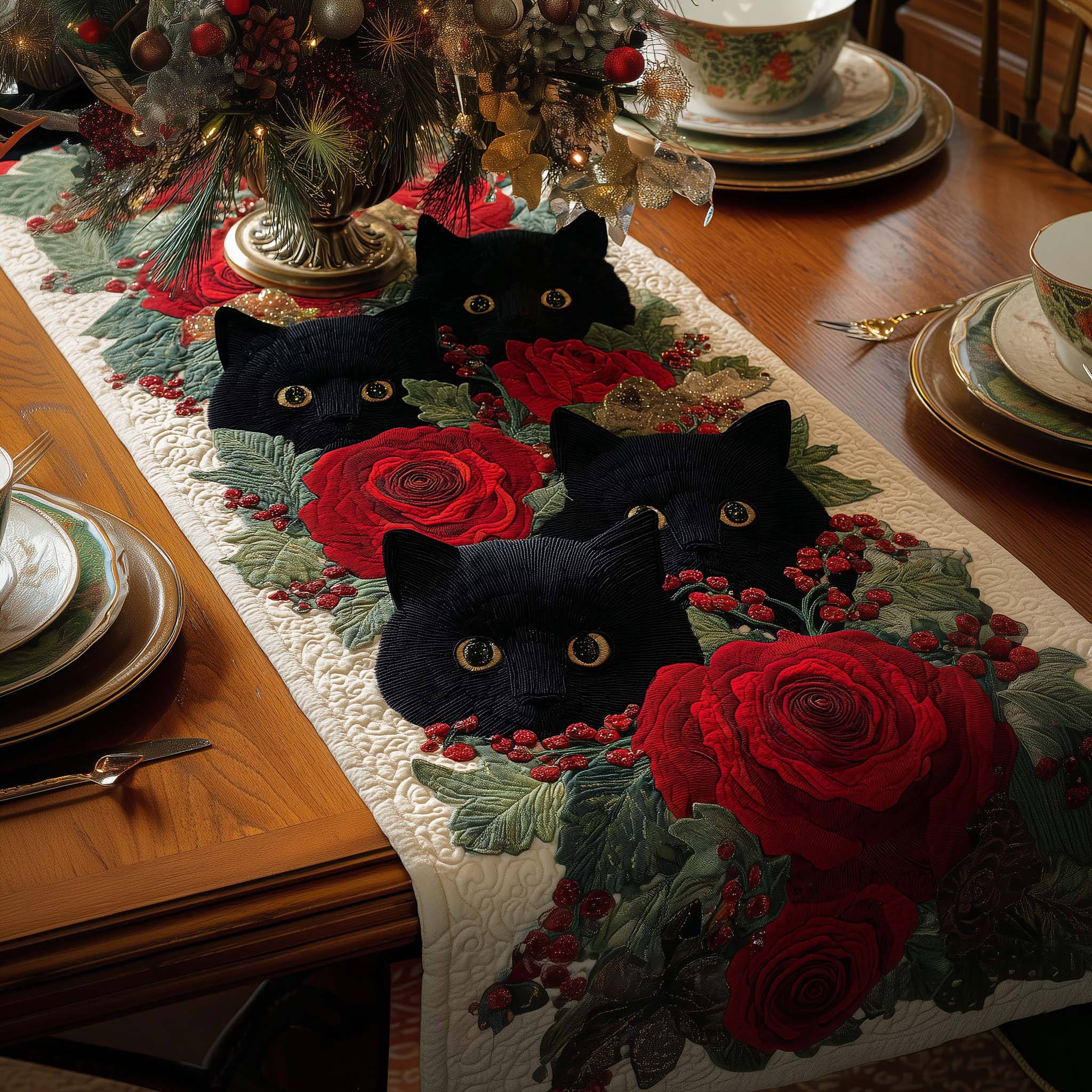Rose Cats Quilted Table Runner, Easter Table Runner, Spring Table Runner, Mother's Day Gifts