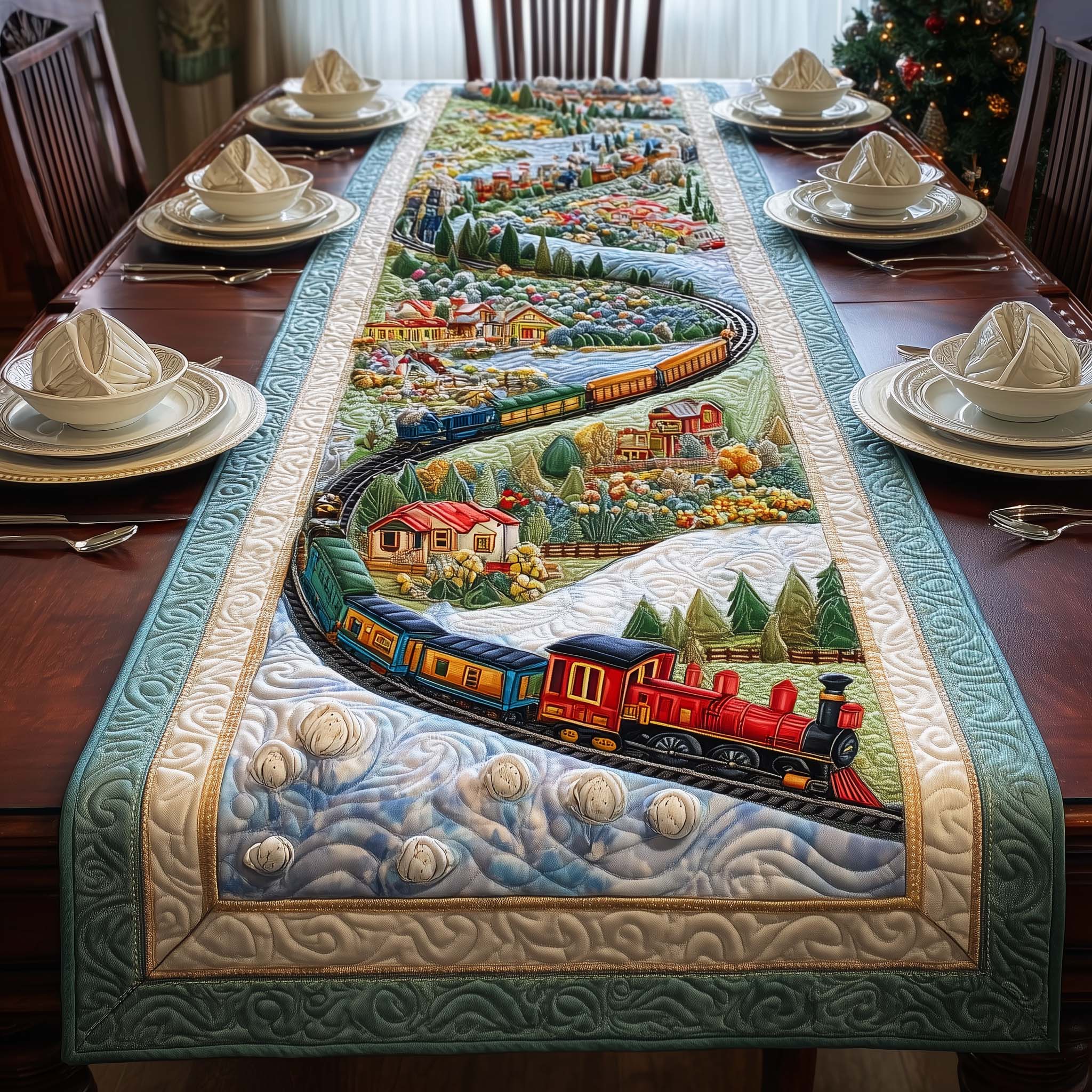 Scenic Train Quilted Table Runner, Easter Table Runner, Spring Table Runner, Mother's Day Gifts
