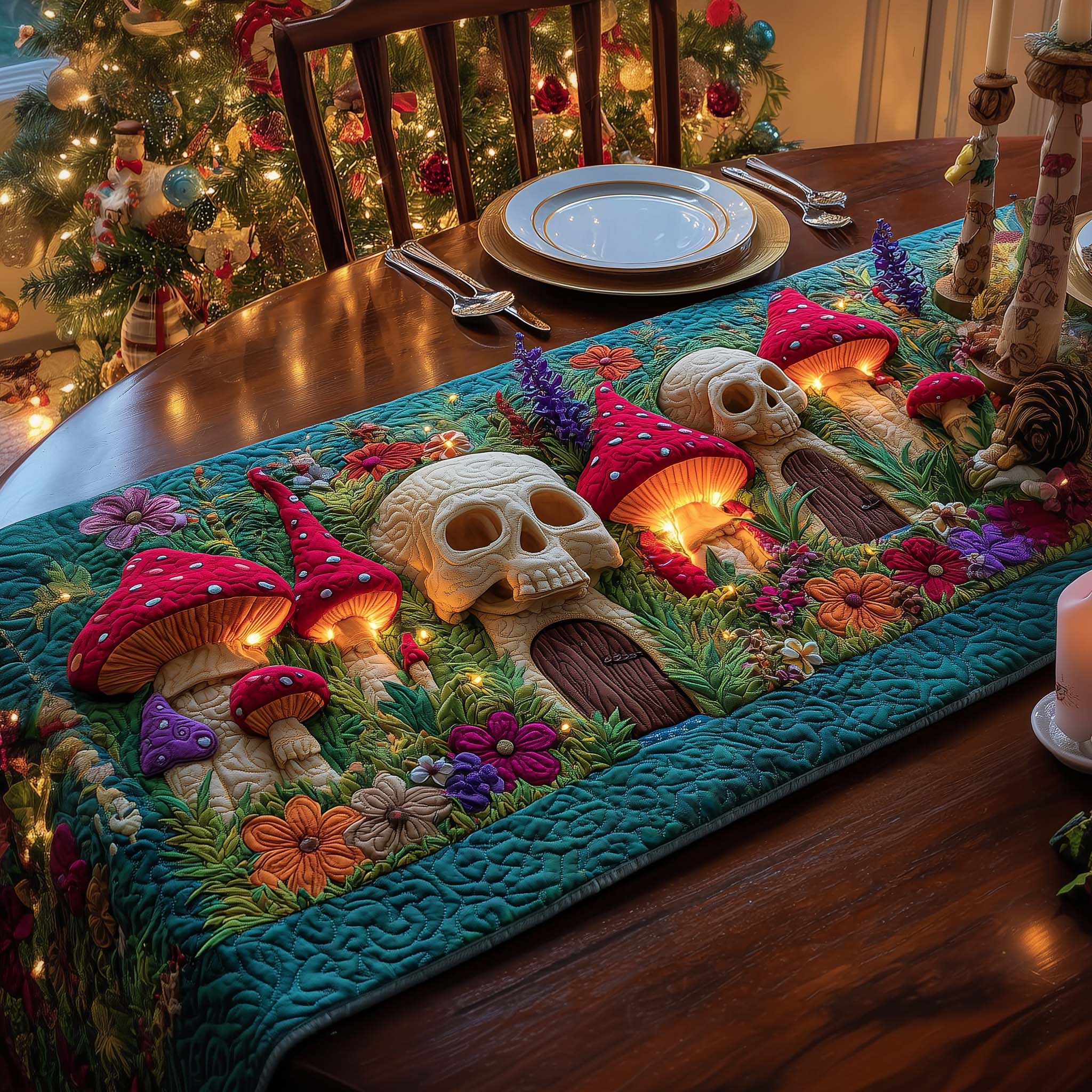 Skull Mushrooms Quilted Table Runner, Easter Table Runner, Spring Table Runner, Mother's Day Gifts