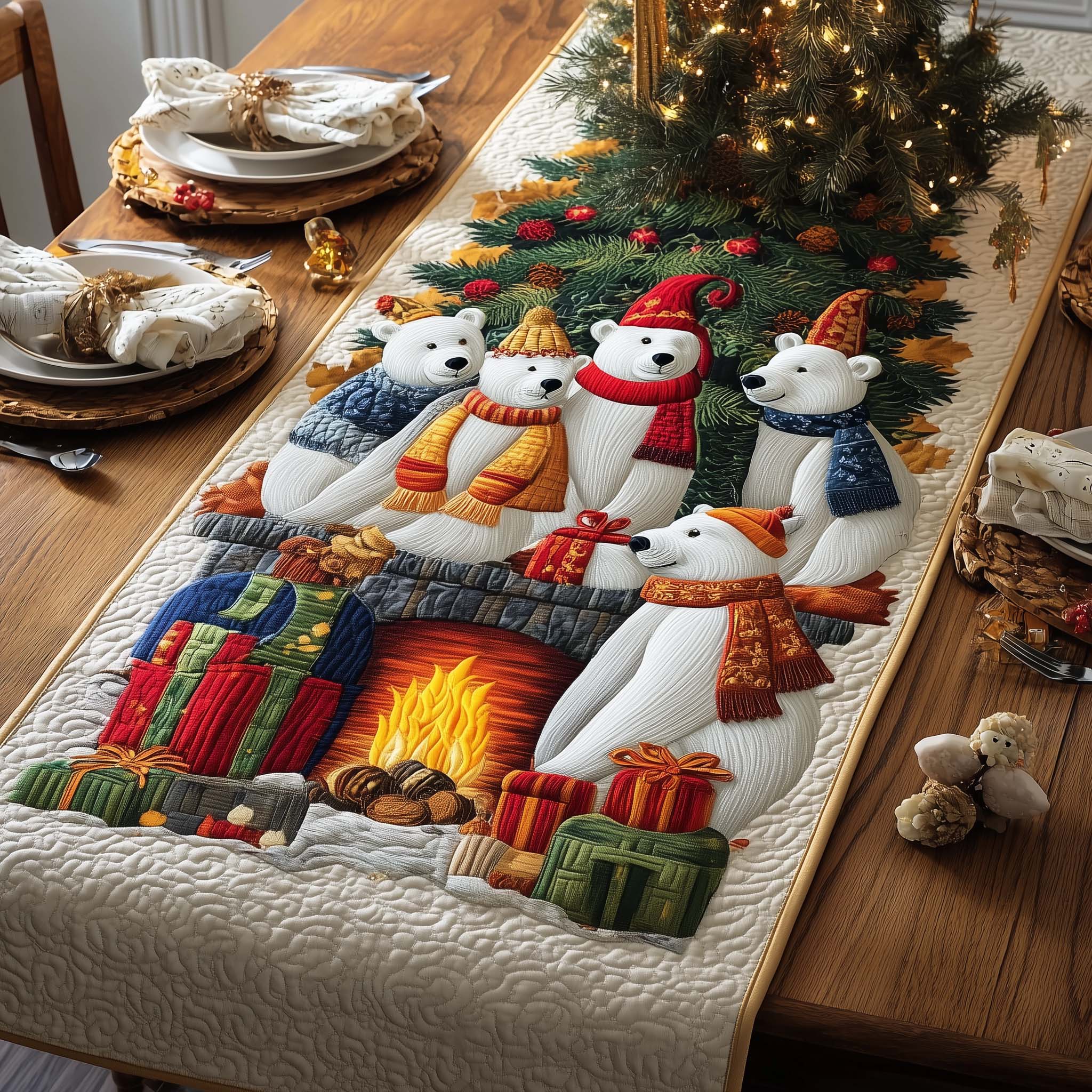 Fireplace Bears Quilted Table Runner, Easter Table Runner, Spring Table Runner, Mother's Day Gifts