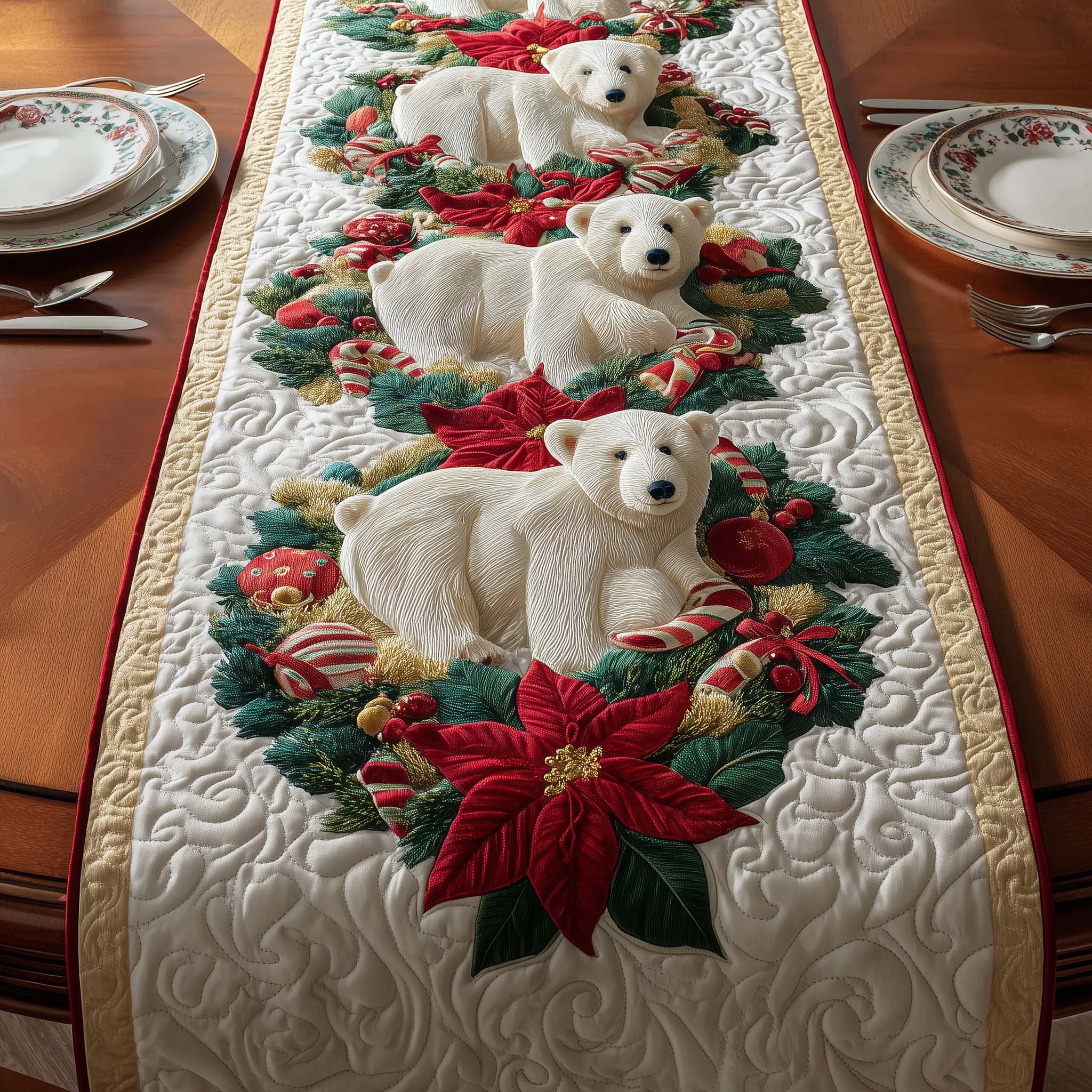Poinsettia Bears Quilted Table Runner, Easter Table Runner, Spring Table Runner, Mother's Day Gifts
