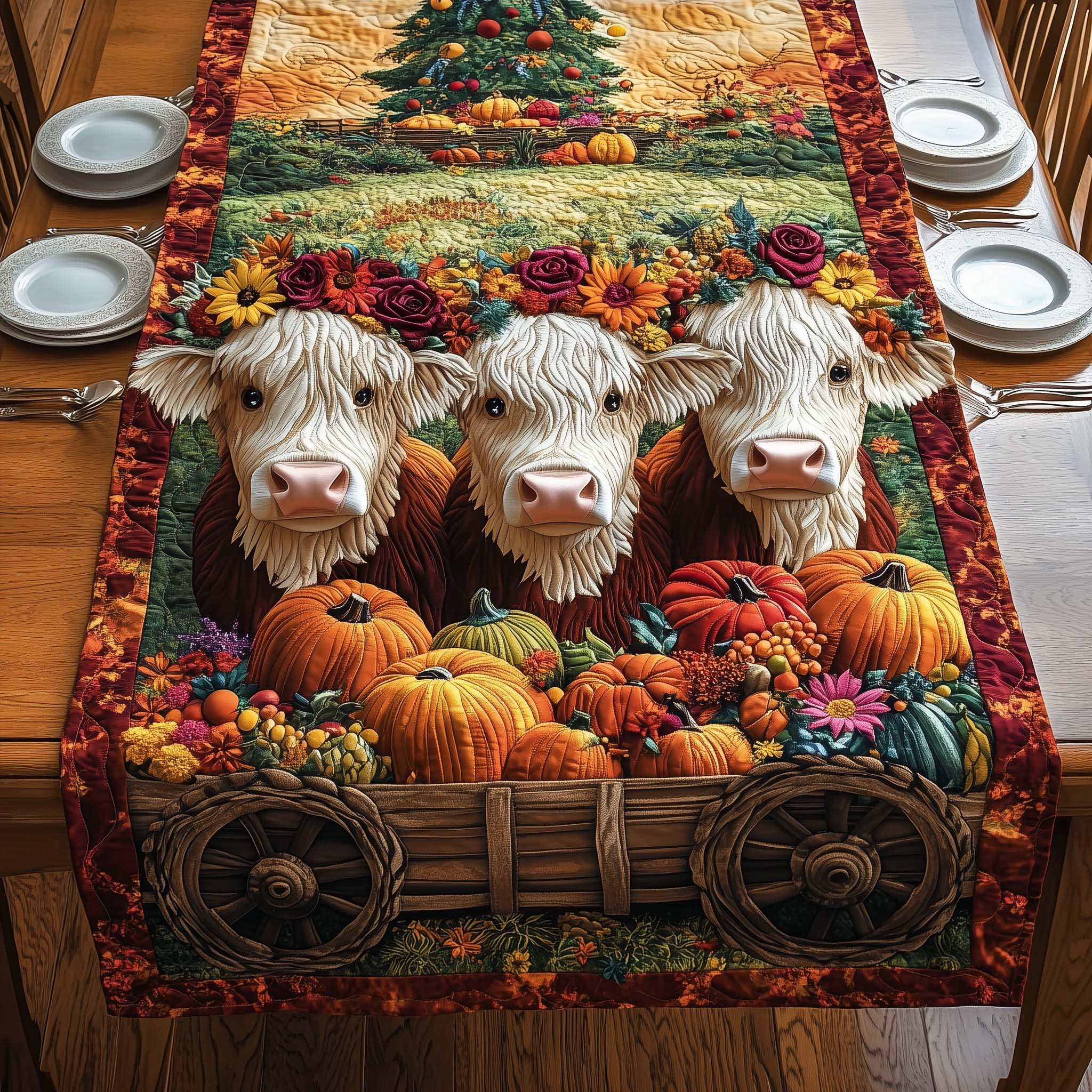 Flower Cows Quilted Table Runner, Easter Table Runner, Spring Table Runner, Mother's Day Gifts