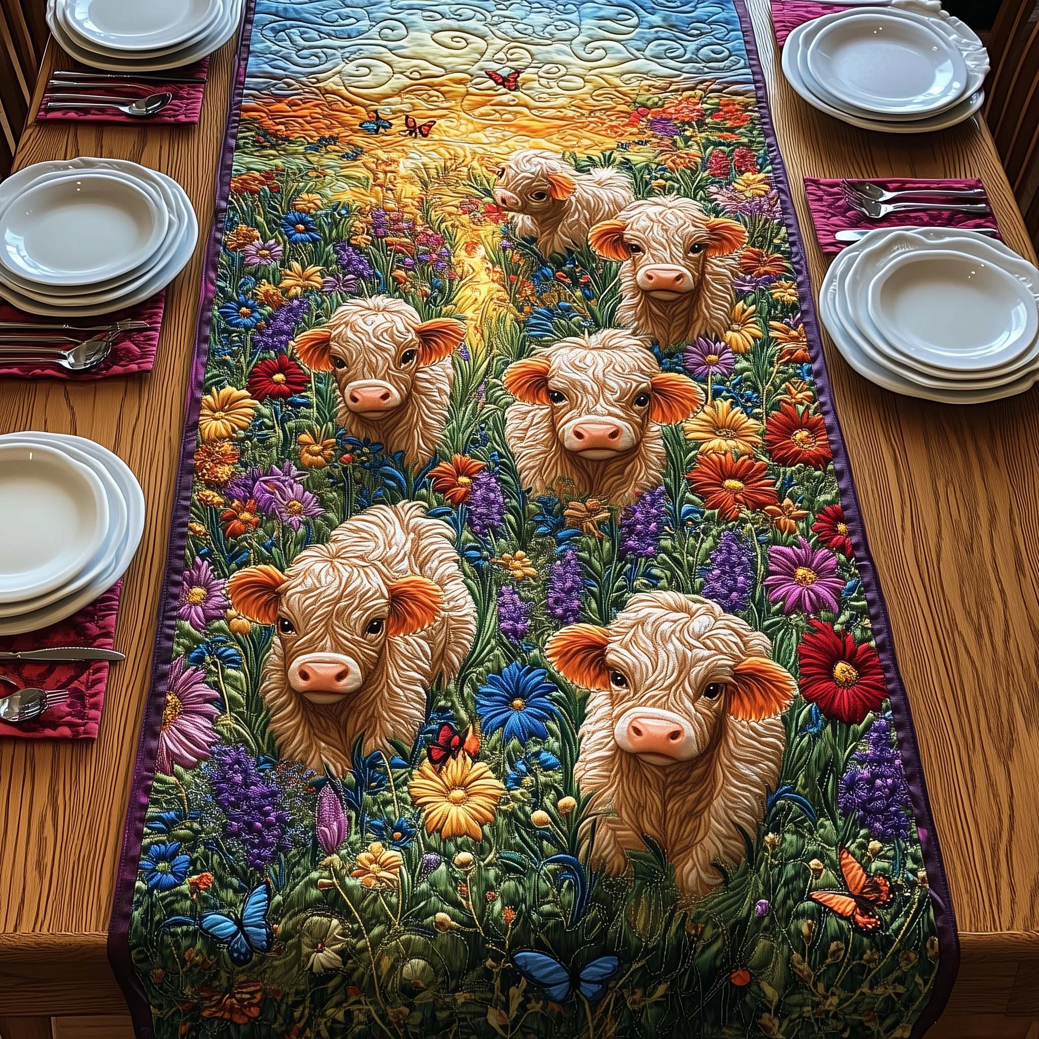 Meadow Cows Quilted Table Runner, Easter Table Runner, Spring Table Runner, Mother's Day Gifts