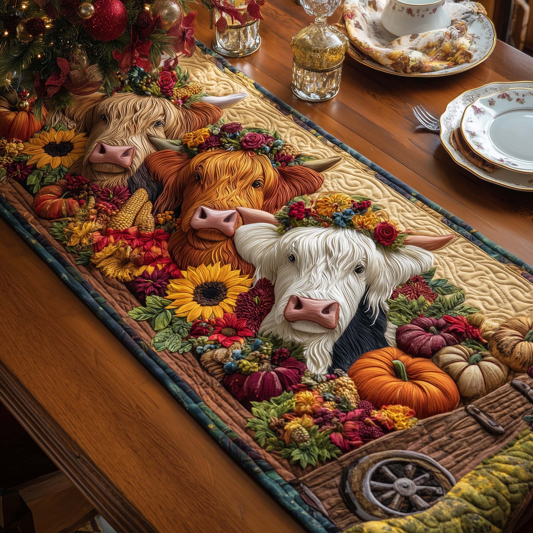 Pumpkin Cows Quilted Table Runner, Easter Table Runner, Spring Table Runner, Mother's Day Gifts