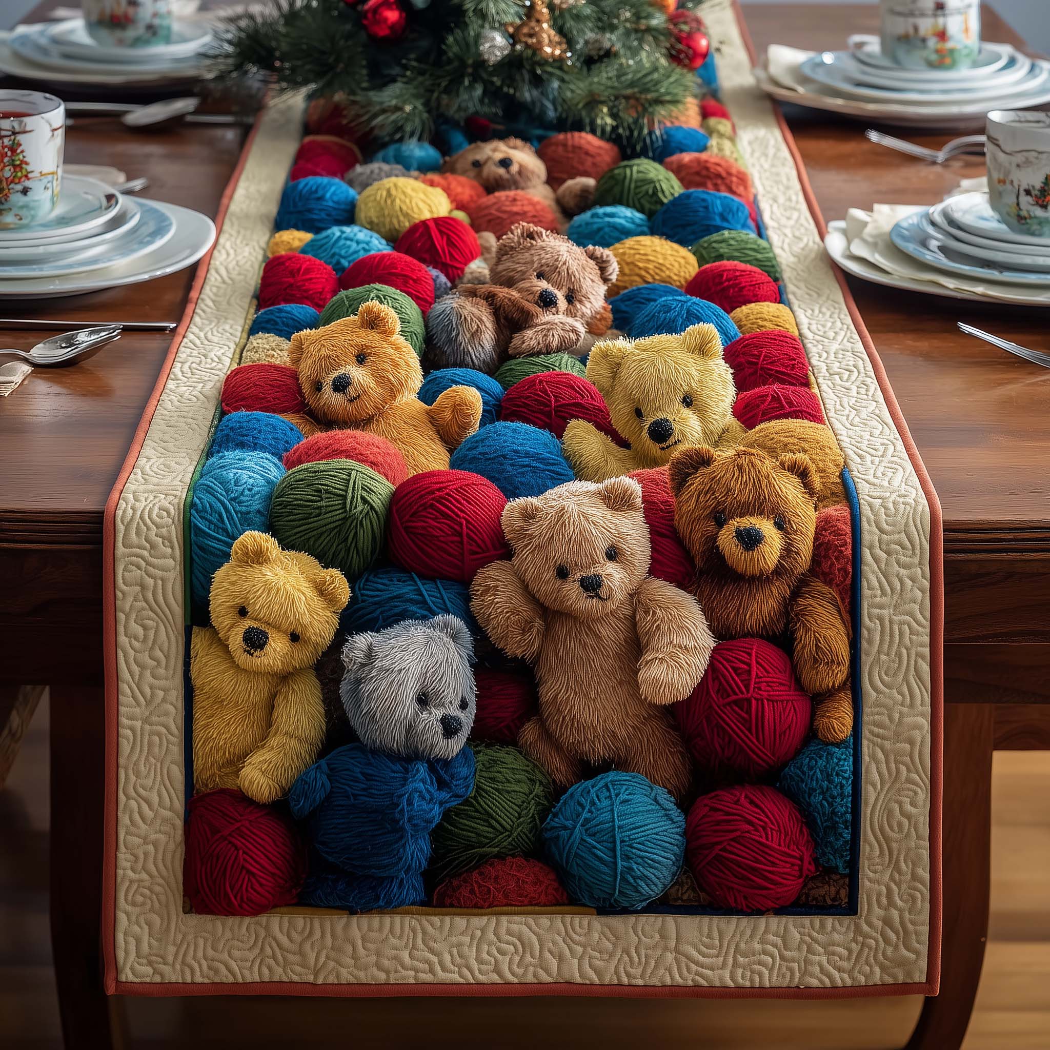 Yarn Bears Quilted Table Runner, Easter Table Runner, Spring Table Runner, Mother's Day Gifts