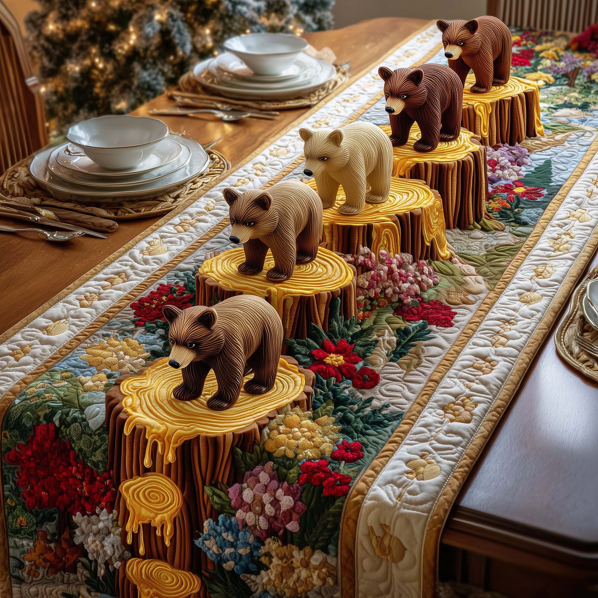 Wood Bears Quilted Table Runner, Easter Table Runner, Spring Table Runner, Mother's Day Gifts