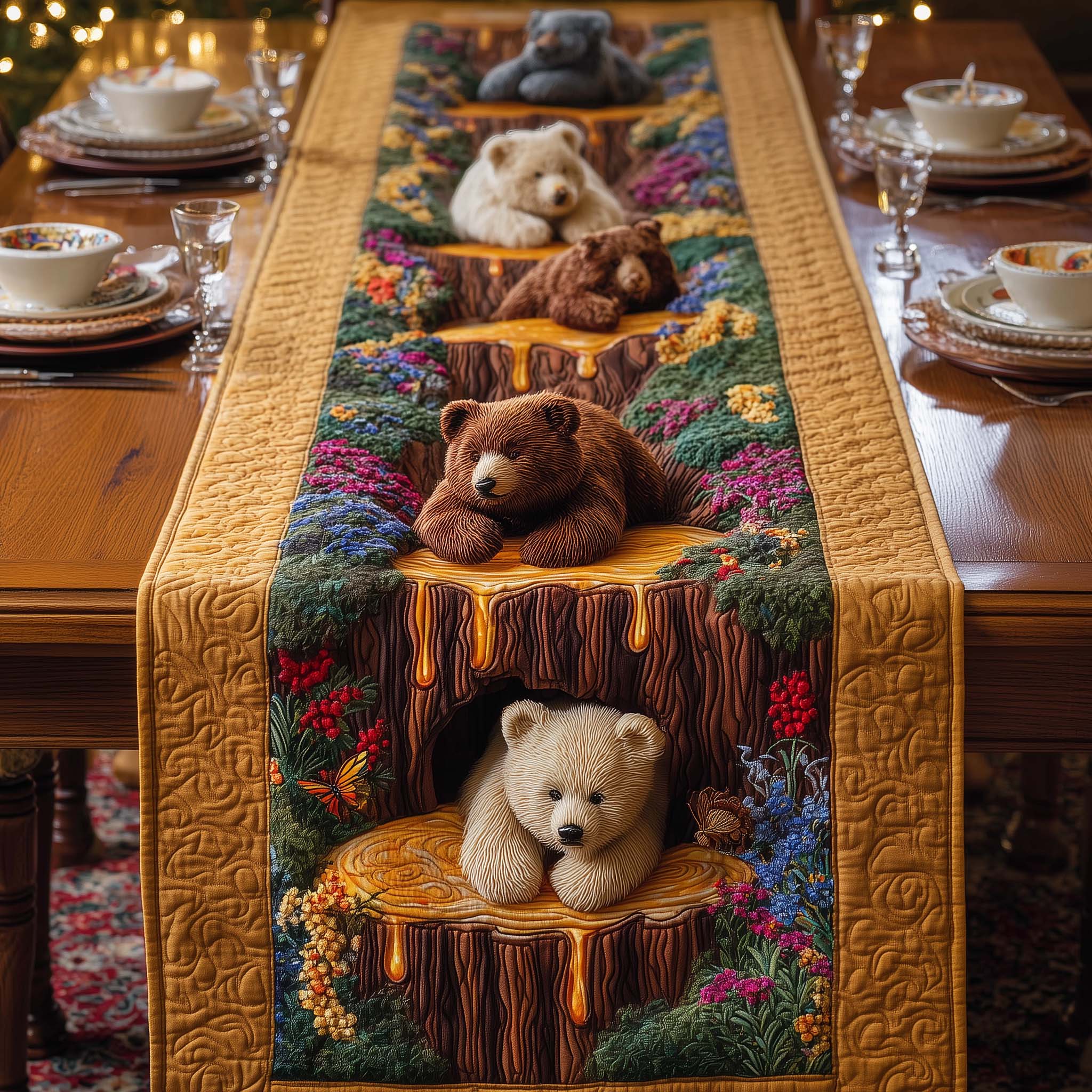 Honey Falls Bears Quilted Table Runner, Easter Table Runner, Spring Table Runner, Mother's Day Gifts