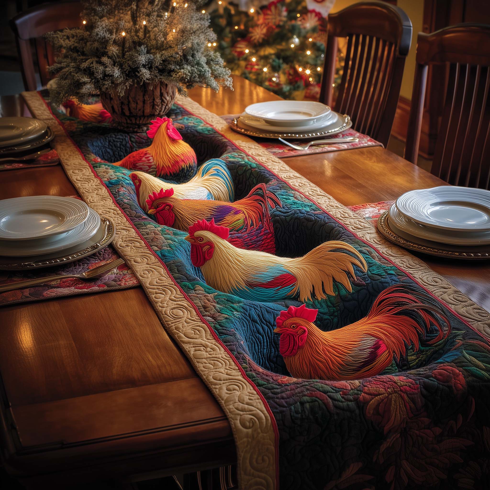Rainbow Rooster Quilted Table Runner, Easter Table Runner, Spring Table Runner, Mother's Day Gifts