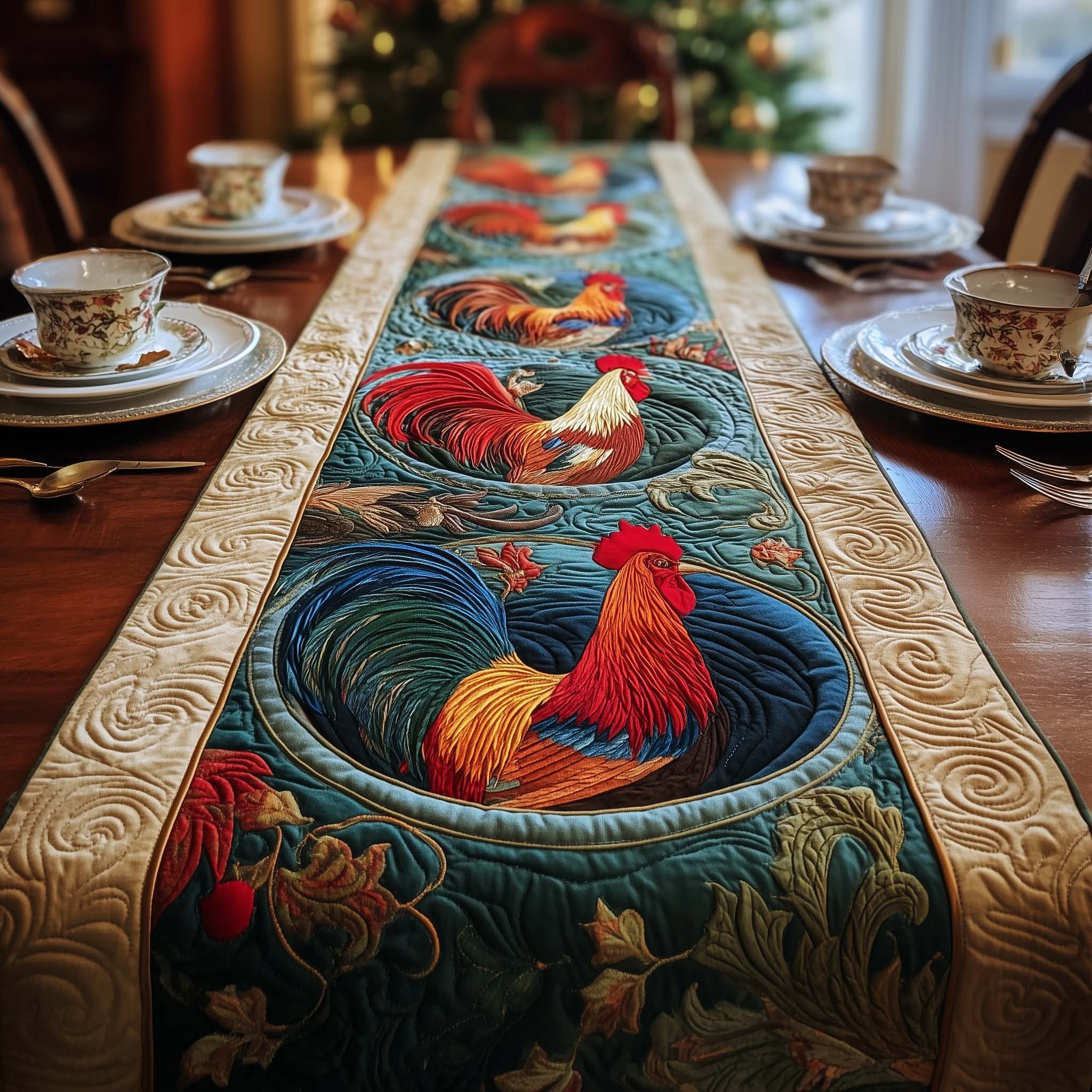 Circle Rooster Quilted Table Runner, Easter Table Runner, Spring Table Runner, Mother's Day Gifts