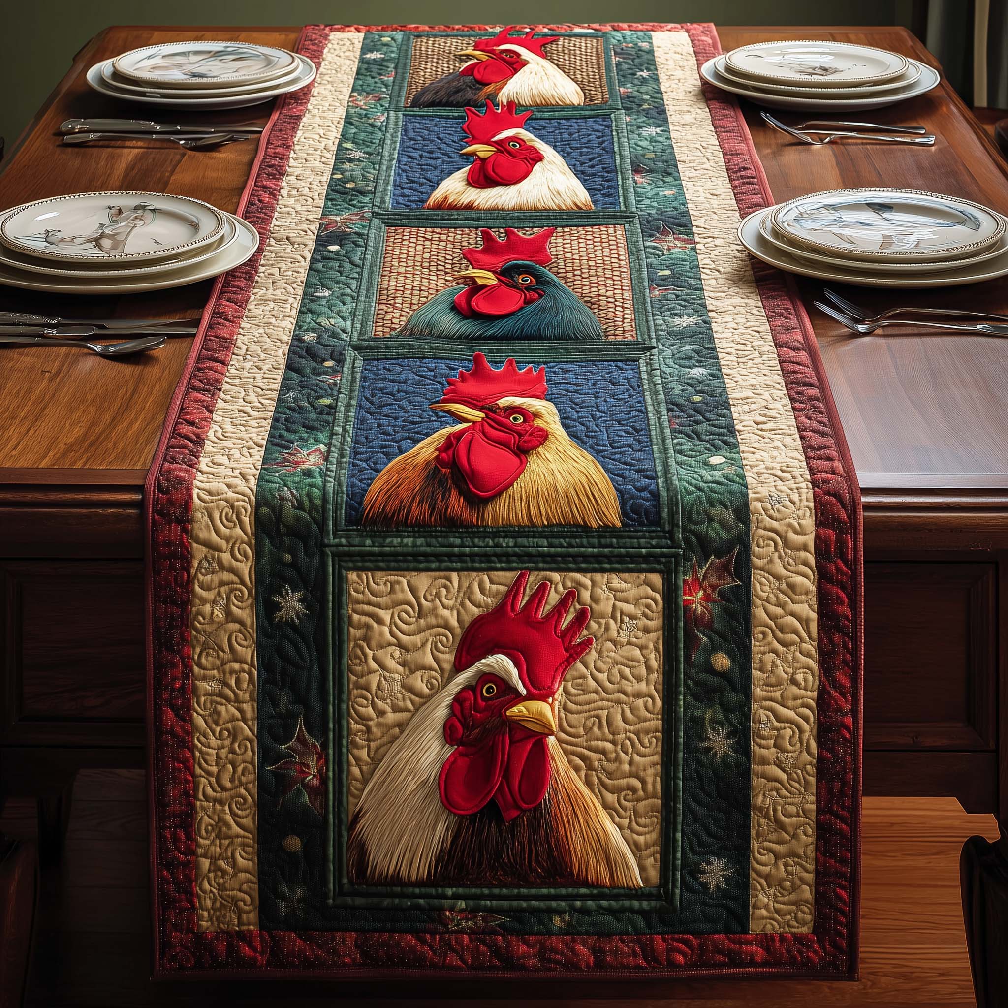 Framed Rooster Quilted Table Runner, Easter Table Runner, Spring Table Runner, Mother's Day Gifts