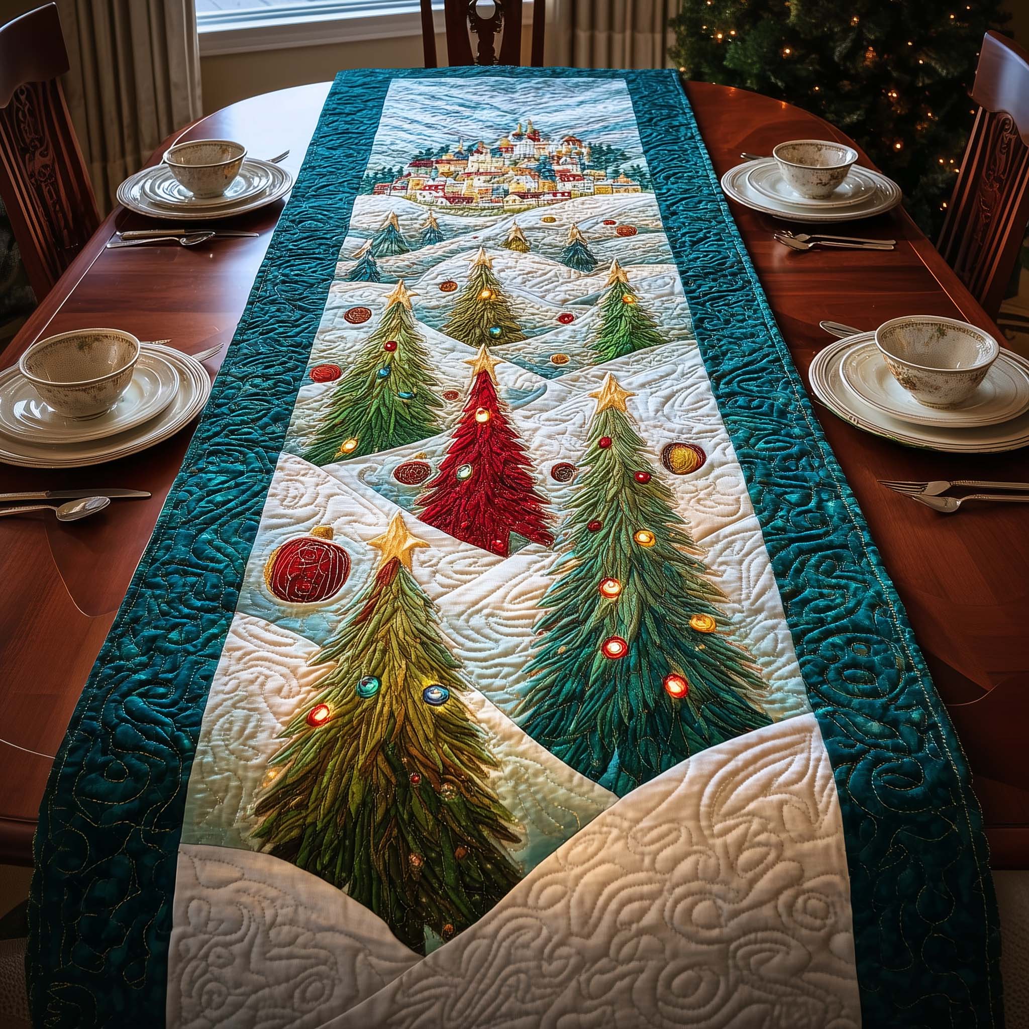 Twinkle Village Quilted Table Runner, Easter Table Runner, Spring Table Runner, Mother's Day Gifts