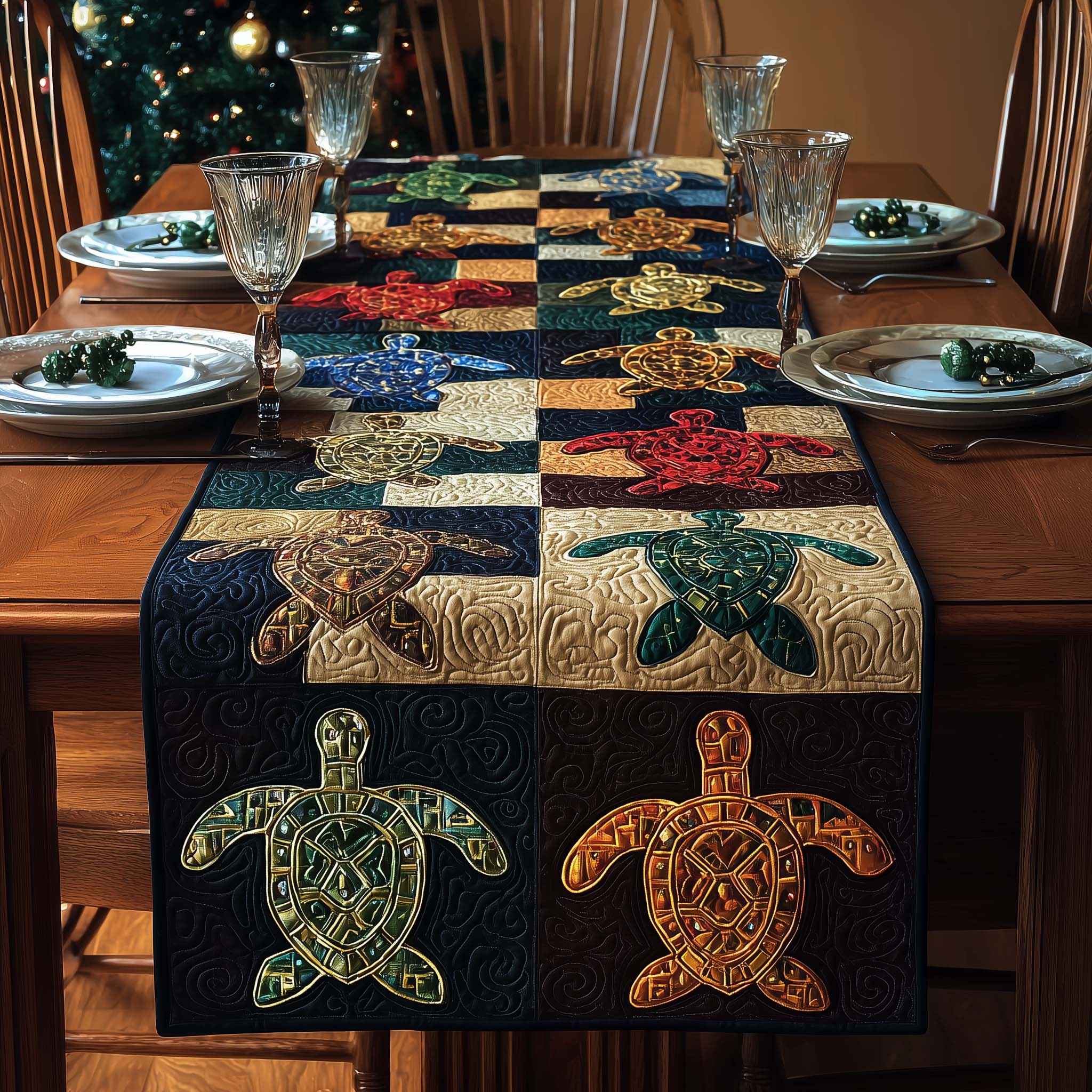 Mosaic Turtles Quilted Table Runner, Easter Table Runner, Spring Table Runner, Mother's Day Gifts