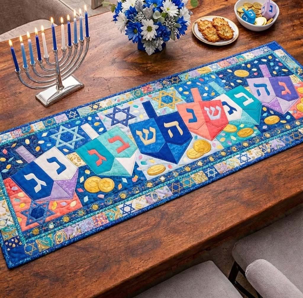 Hanukkah Dreidels Quilted Table Runner, Easter Table Runner, Spring Table Runner, Mother's Day Gifts