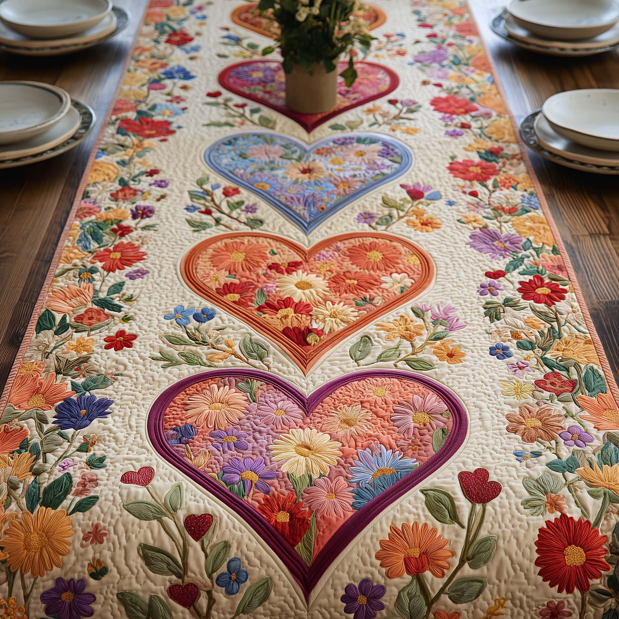 Floral Heart Quilted Table Runner, Easter Table Runner, Spring Table Runner, Mother's Day Gifts