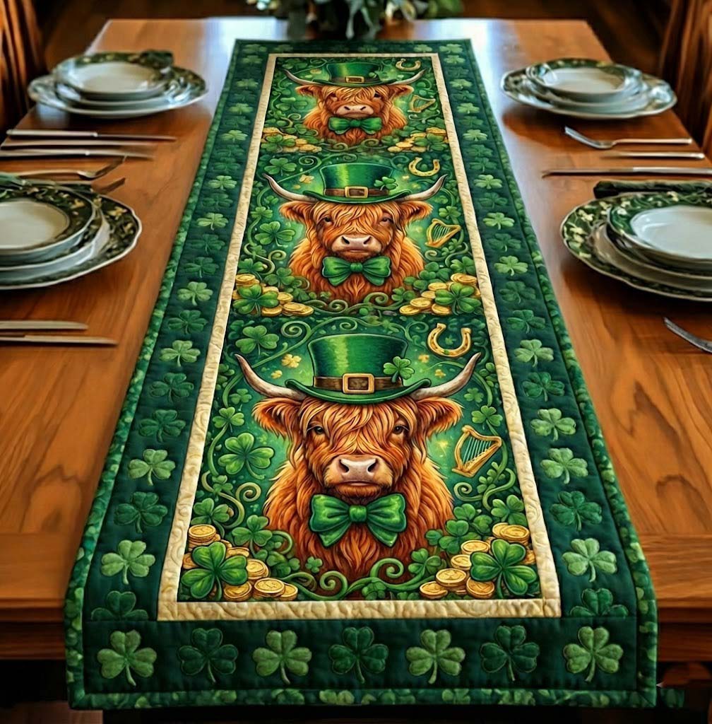 Emerald Highland Cow Quilted Table Runner, Easter Table Runner, Spring Table Runner, Mother's Day Gifts