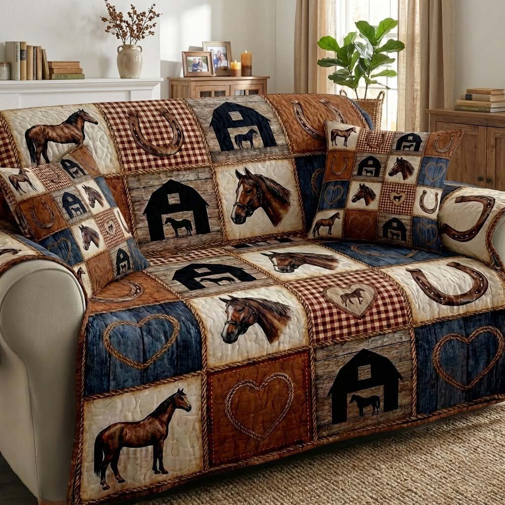 Patchy Horse Quilted Sofa Cover Fall Halloween Decor For Sofa Couch