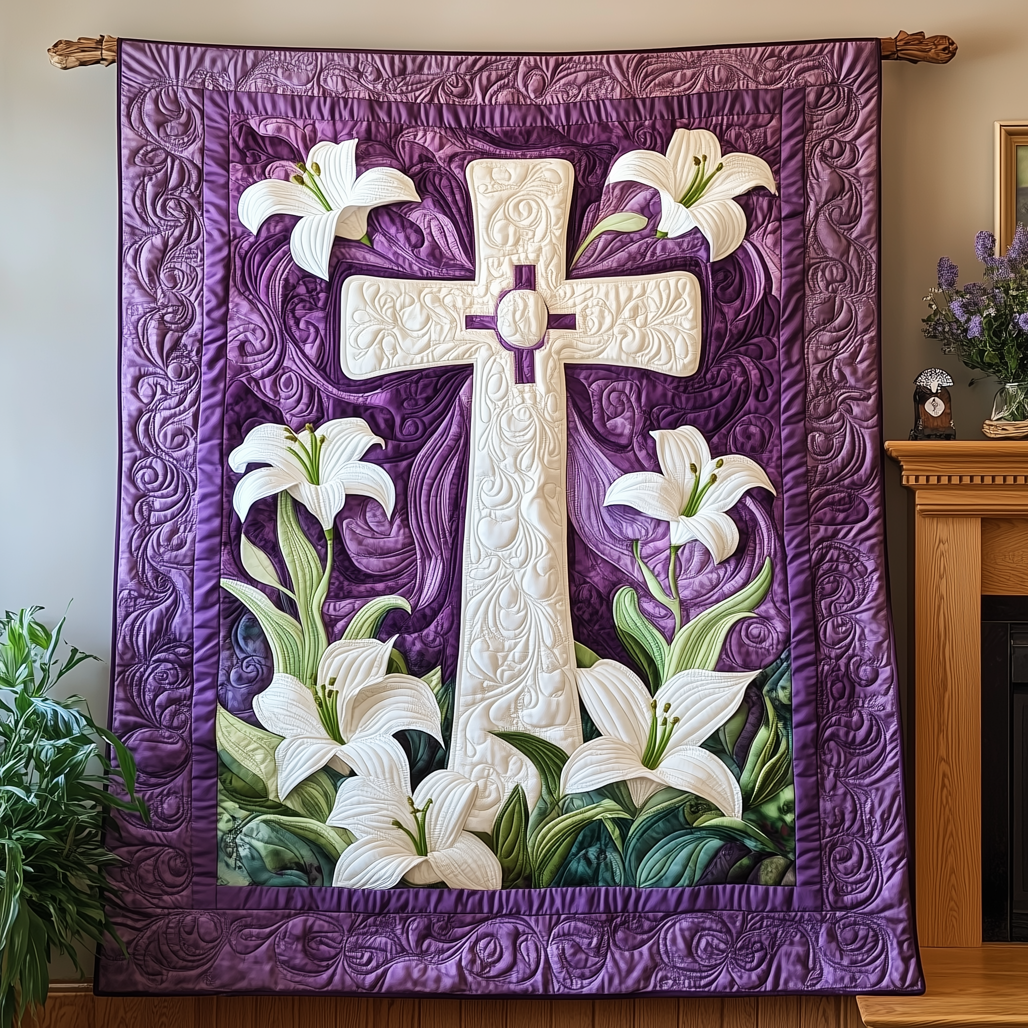 Cross An Lily Quilt Blanket, Christian Blanket, Christian Gift, Easter Decor, Easter Gift