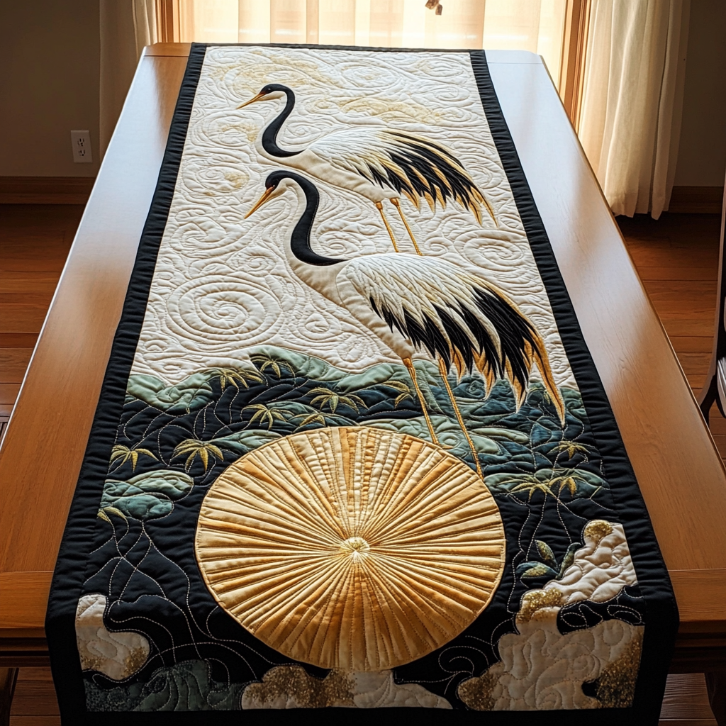 Cranes in Moon Night Quilted Table Runner, Easter Table Runner, Spring Table Runner, Mother's Day Gifts