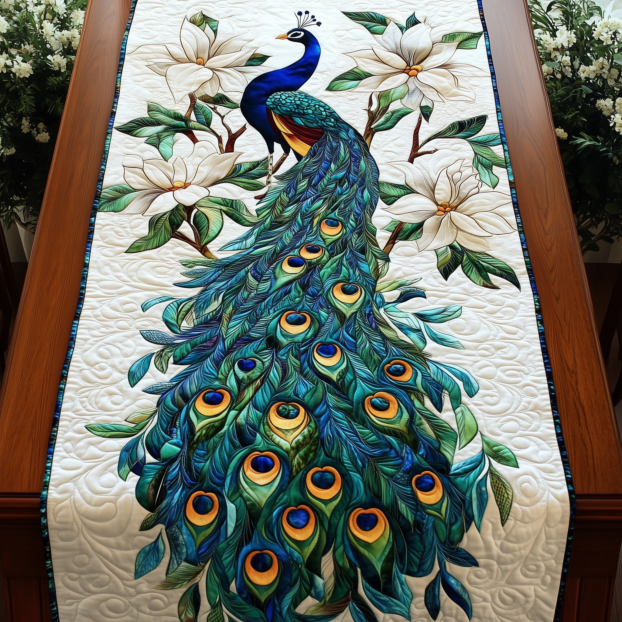 Peacock Garden Quilted Table Runner, Easter Table Runner, Spring Table Runner, Mother's Day Gifts