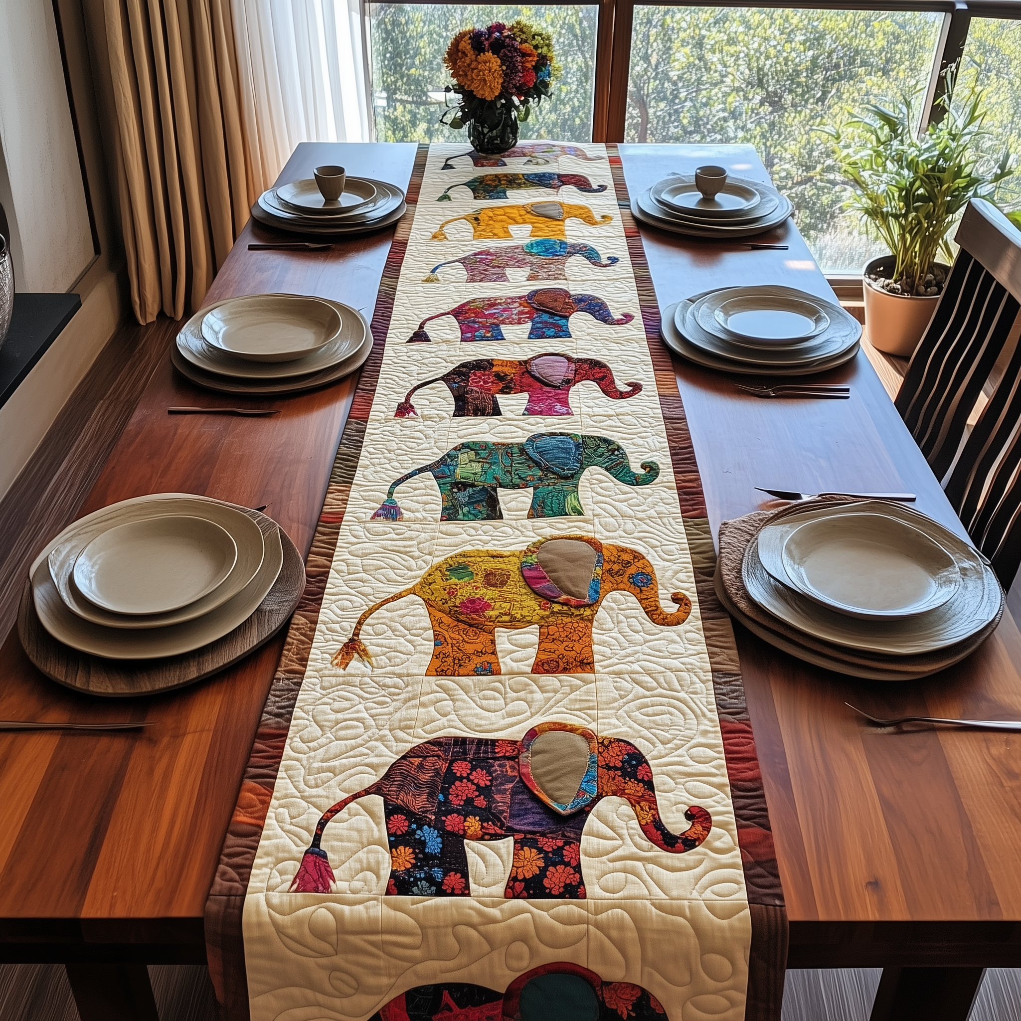 Elephant Parade Quilted Table Runner, Easter Table Runner, Spring Table Runner, Mother's Day Gifts
