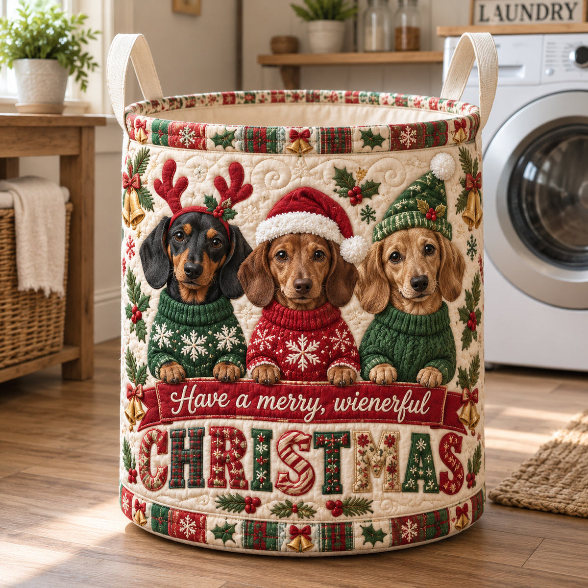 Christmas Dachshund Santa Hat Laundry Basket